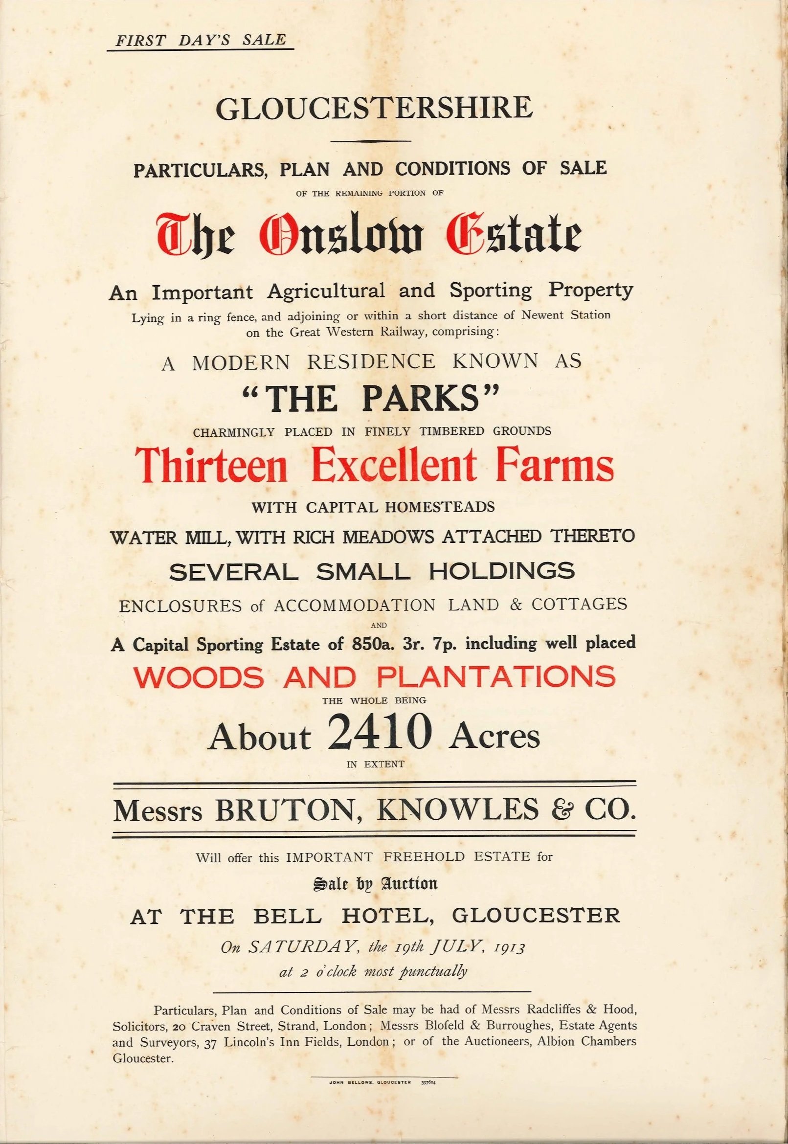 Historical estate sale poster for The Onslow Estate in Gloucestershire, dated July 19, 1913, with details of property features and sale location.