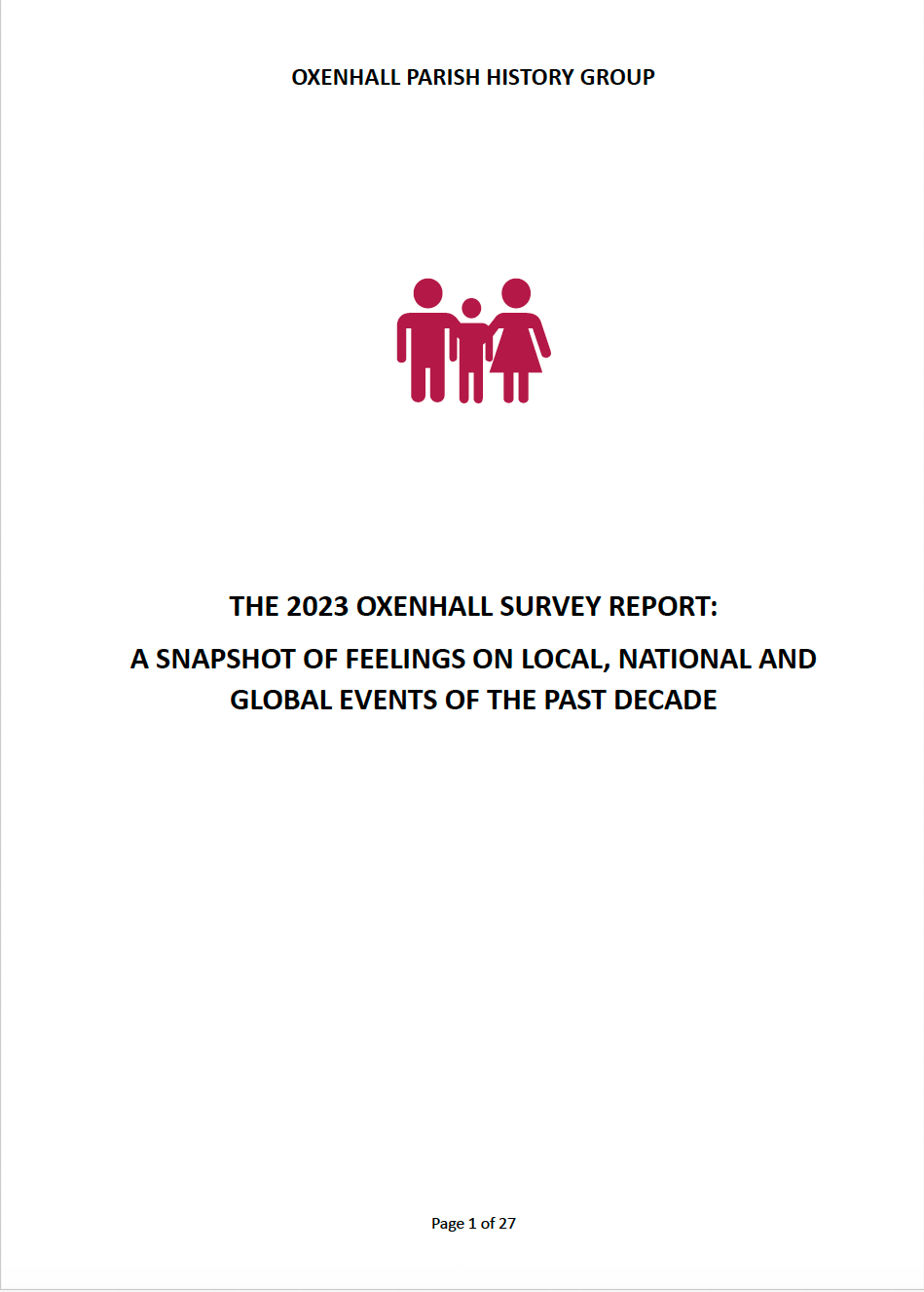 Cover page of the Oxenhall Parish History Group survey report with a family icon at the center.