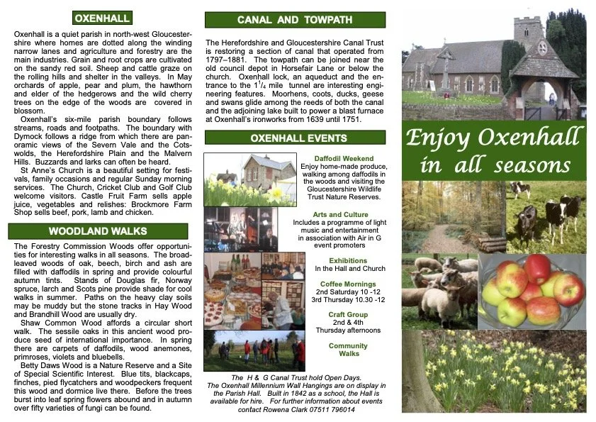 A brochure promoting Oxenhall, Gloucestershire, featuring local events, walks, and attractions, with images of cows, apples, and the historic hall.