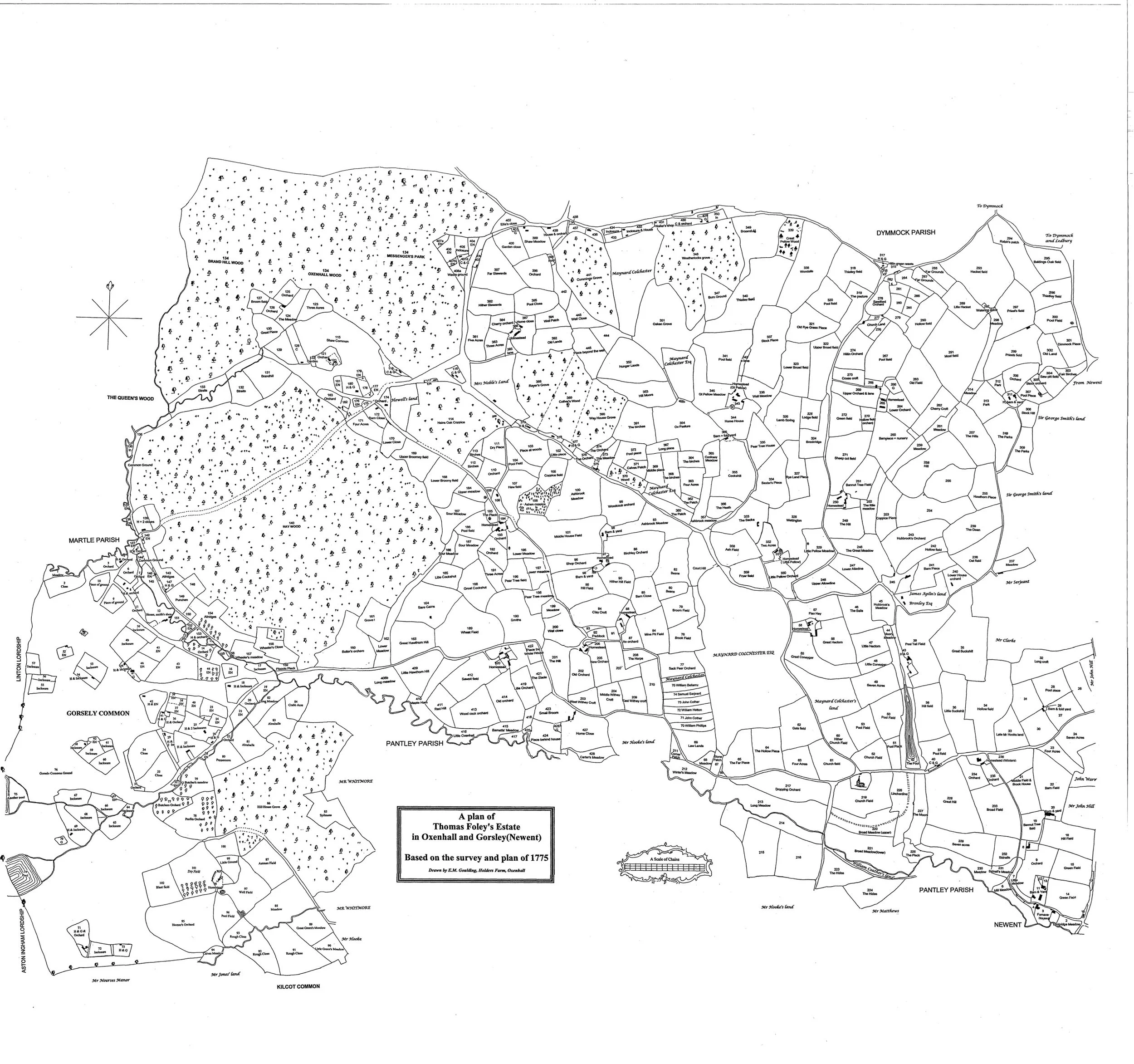 Black and white map titled 'A plan of Thomas Foley's Estate in Oxenhall and Gorsley (Newent) based on the survey and plan of 1775' showing detailed property divisions, roads, forests, and parish boundaries in rural England.