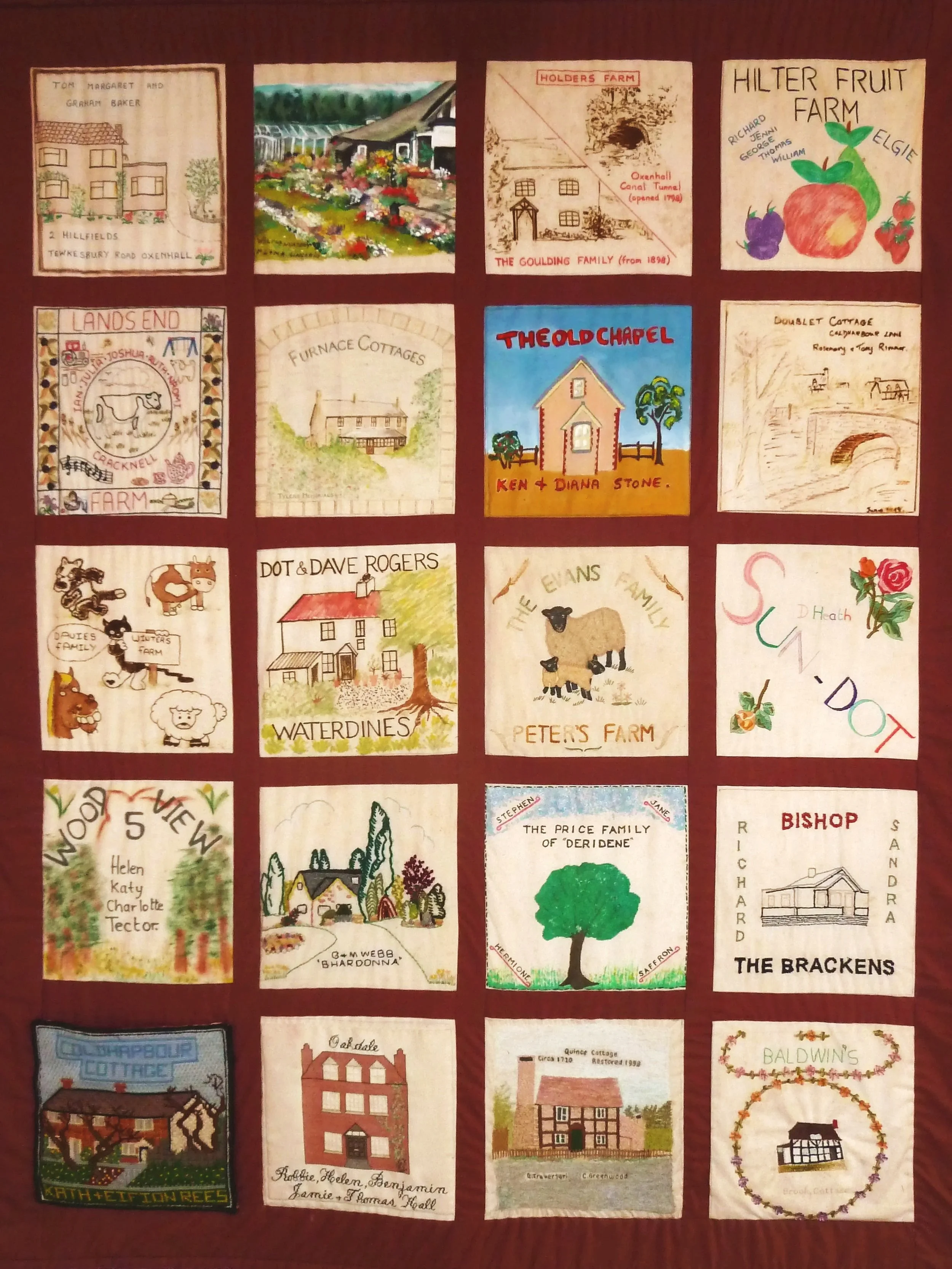 A quilt featuring 20 hand-stitched colorful illustrations of various farms, farmhouses, and farm scenes, each labeled with farm names and locations.