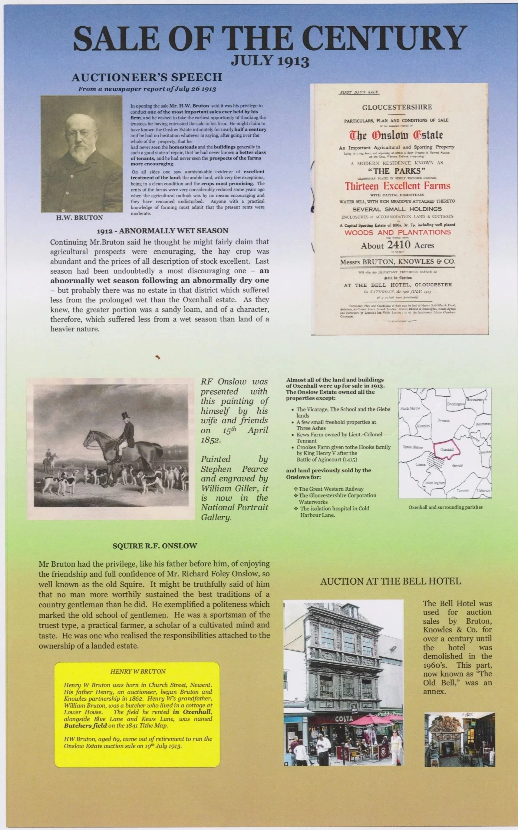 A historical newsletter or poster titled 'Sale of the Century' from July 1913, featuring auctioneer's speech, a page of report, an old photograph of a model with dogs, and an old estate sale advertisement for Oxenhall and surrounding parishes.