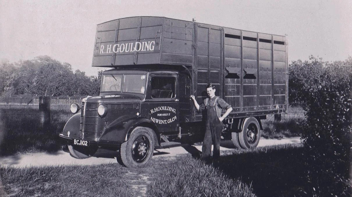 R.H. Goulding with the first livestock lorry of his company that continued for 60 years
