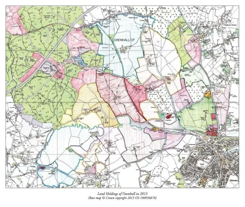 Map showing land holdings of Oxenhall in 2013 with different land areas color-coded, including green, pink, yellow, and purple, along with roads, water features, and the village of Newent in the bottom right corner.