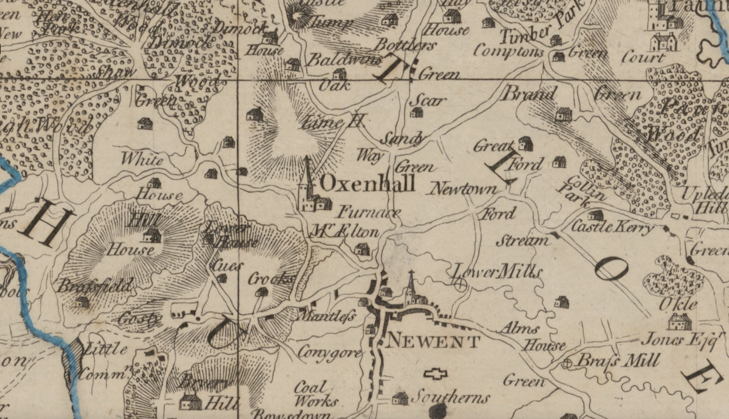 A historical map showing the area around Oxenhall, Newent, and surrounding villages with place names, roads, and natural features like hills and streams.
