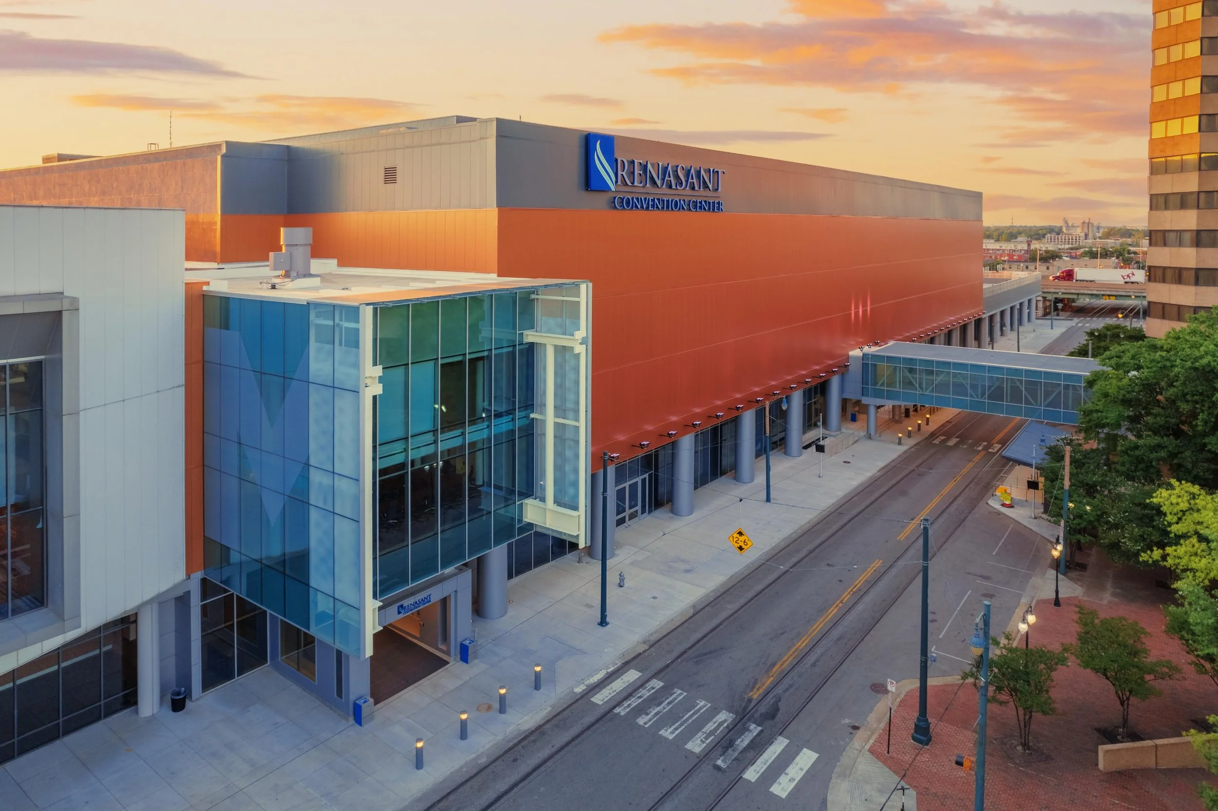The Renasant Convention Center at sunset Main Street side