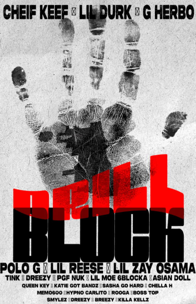 Black and white poster featuring a handprint with the names of artists and groups, with large red and black text reading 'BULL BLOCKS'.