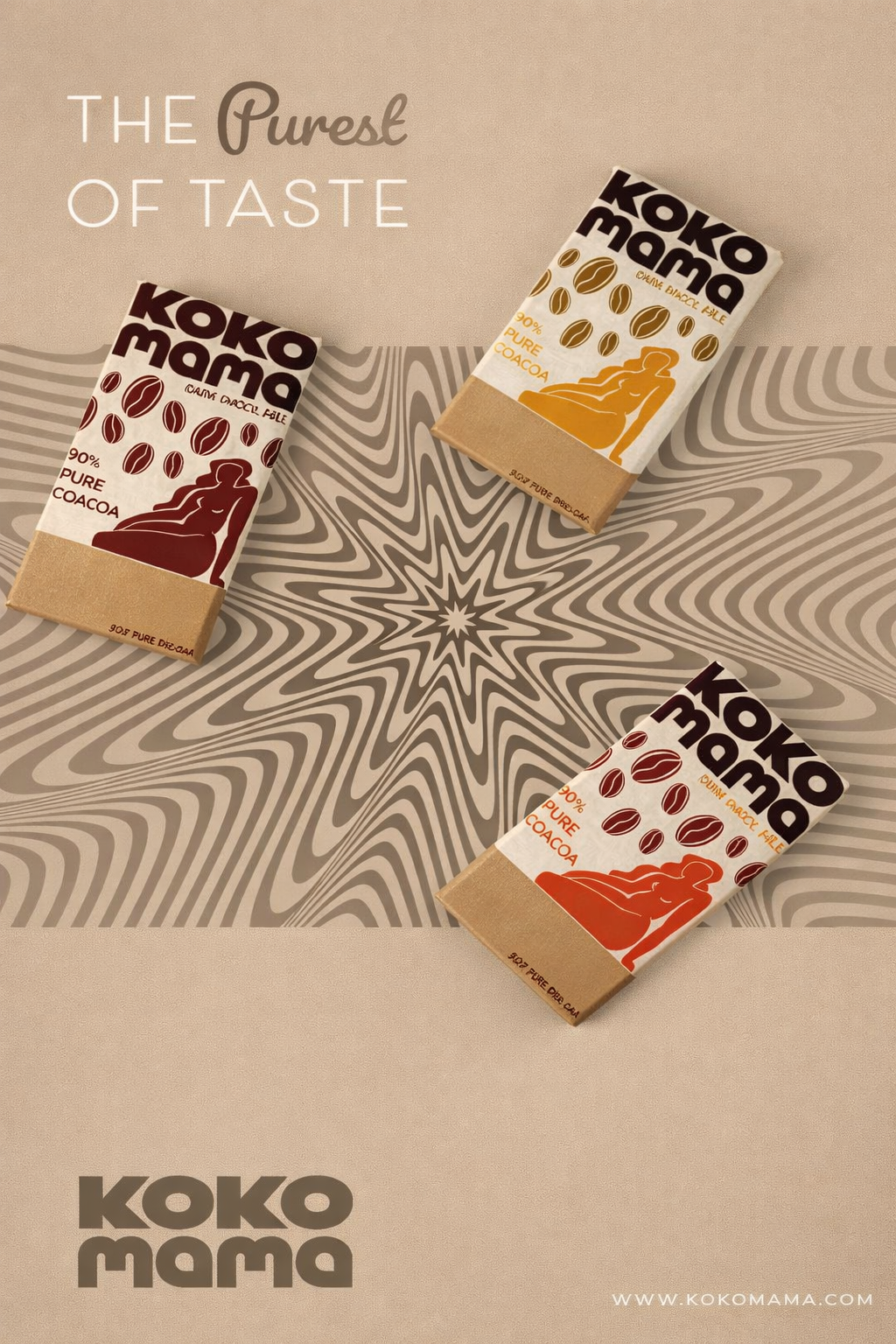 Three chocolate bars with different packaging colors (white with red, white with yellow, and white with orange), each featuring a silhouette of a woman and coffee bean illustrations, arranged on a beige and patterned background with the text 'The Pur