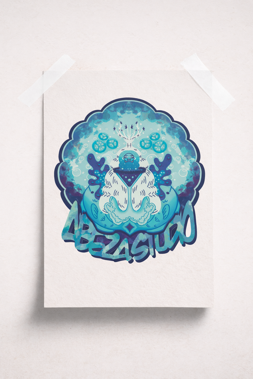 Taped poster featuring a blue and white mythical creature with 4 arms, surrounded by bubbles and aquatic plants, with messy text at the bottom.
