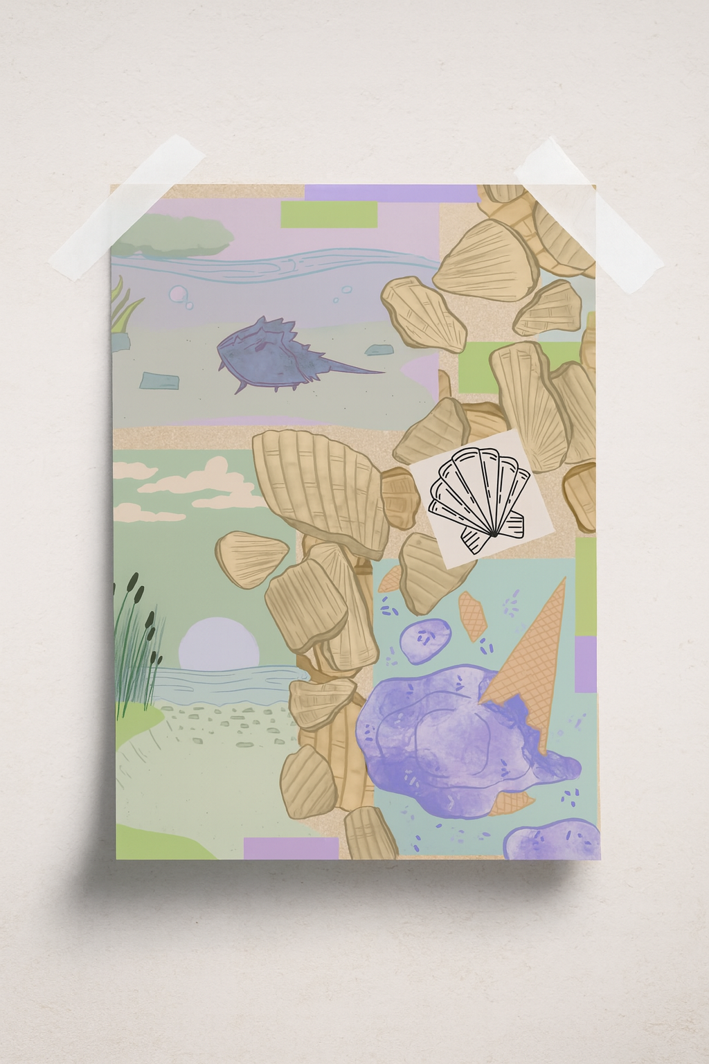 Drawing of a beach scene with rocks, water, a fish, and a seashell, with collage elements including a shell outline and seashell patterns.