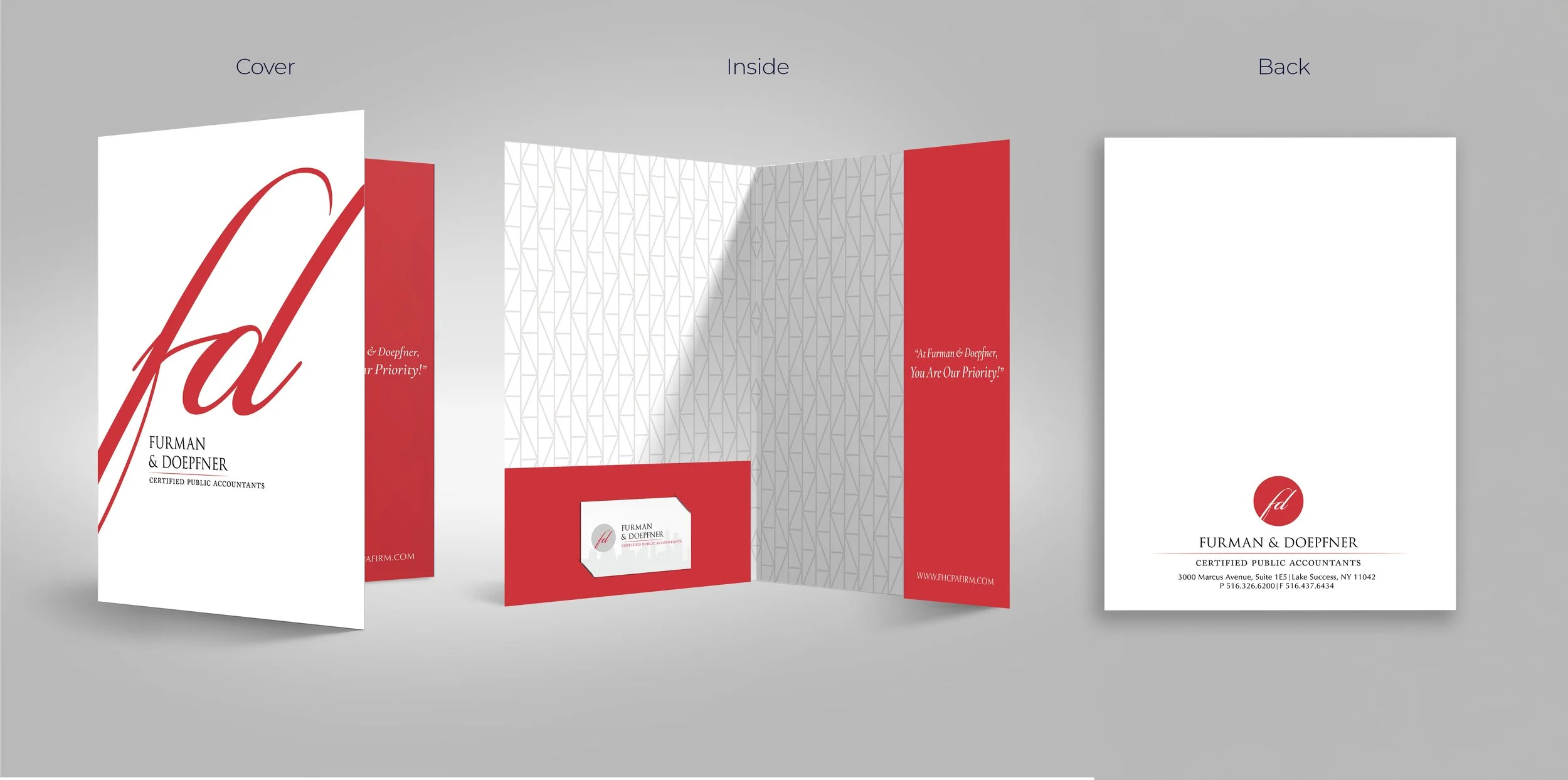 Design mockup of a tri-fold brochure for Furman & Doepfer, Certified Public Accountants, showing the cover, inside, and back panels with logo, address, and slogan.