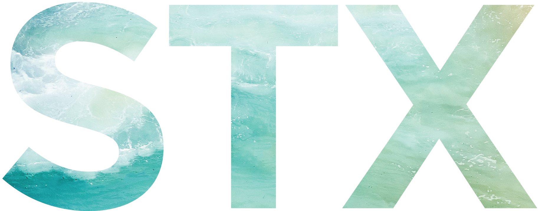 Stylized text 'STX' with ocean water texture and a light green color overlay.