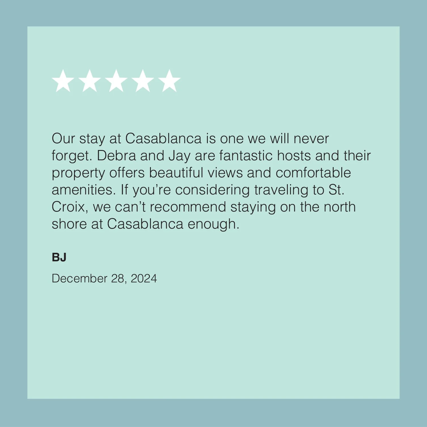A review with six white stars at the top, testimonial text about a stay at Casablanca, signed by BJ, dated December 28, 2024.