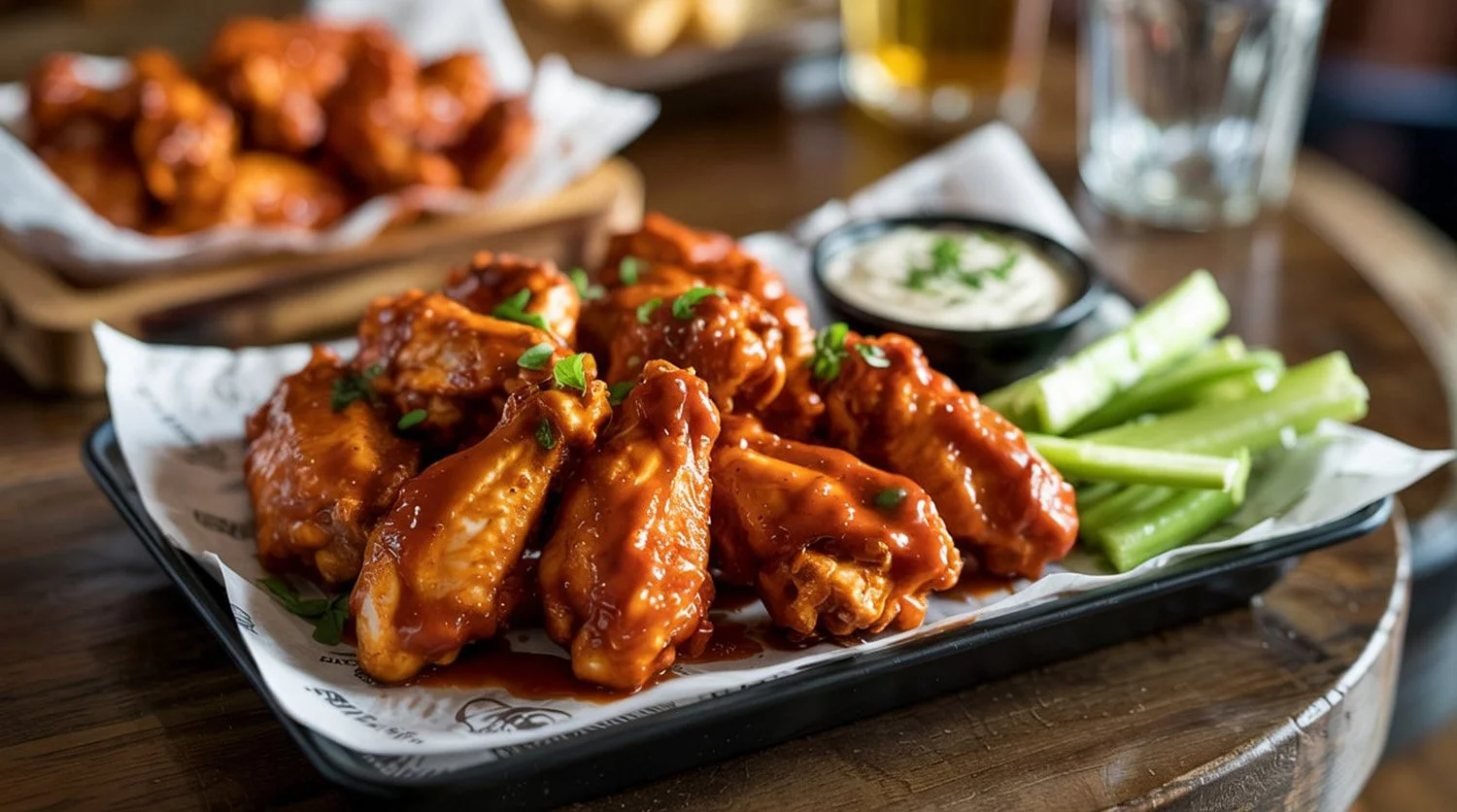 Close-up of buffalo chicken wings with celery sticks, ranch dipping sauce, and chopped green onions on a black tray. In the background, a basket of more chicken wings and a glass of water are visible.