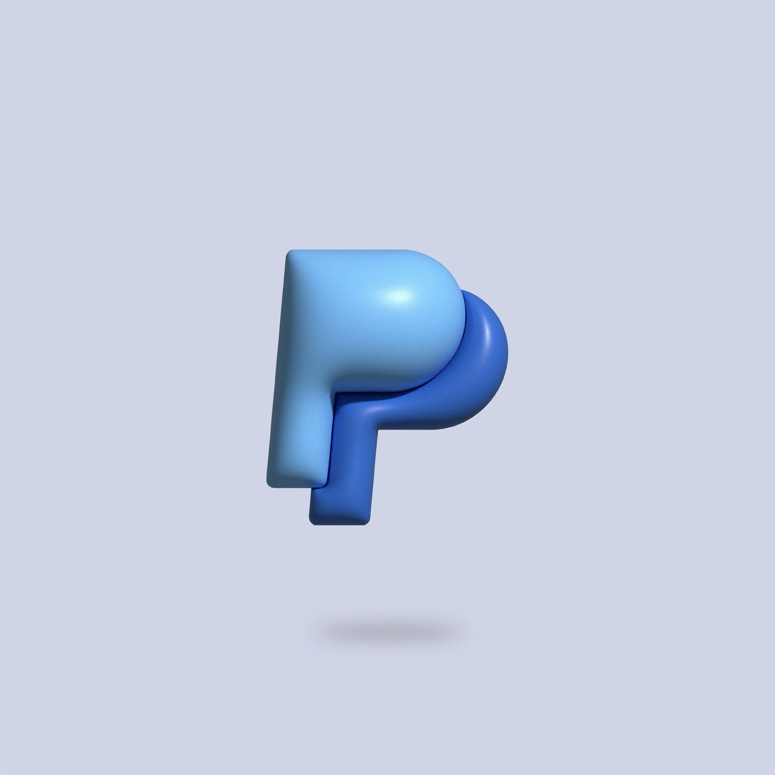 3D abstract sculpture in shades of blue, resembling the letter P, floating with a shadow underneath on a light grey background.