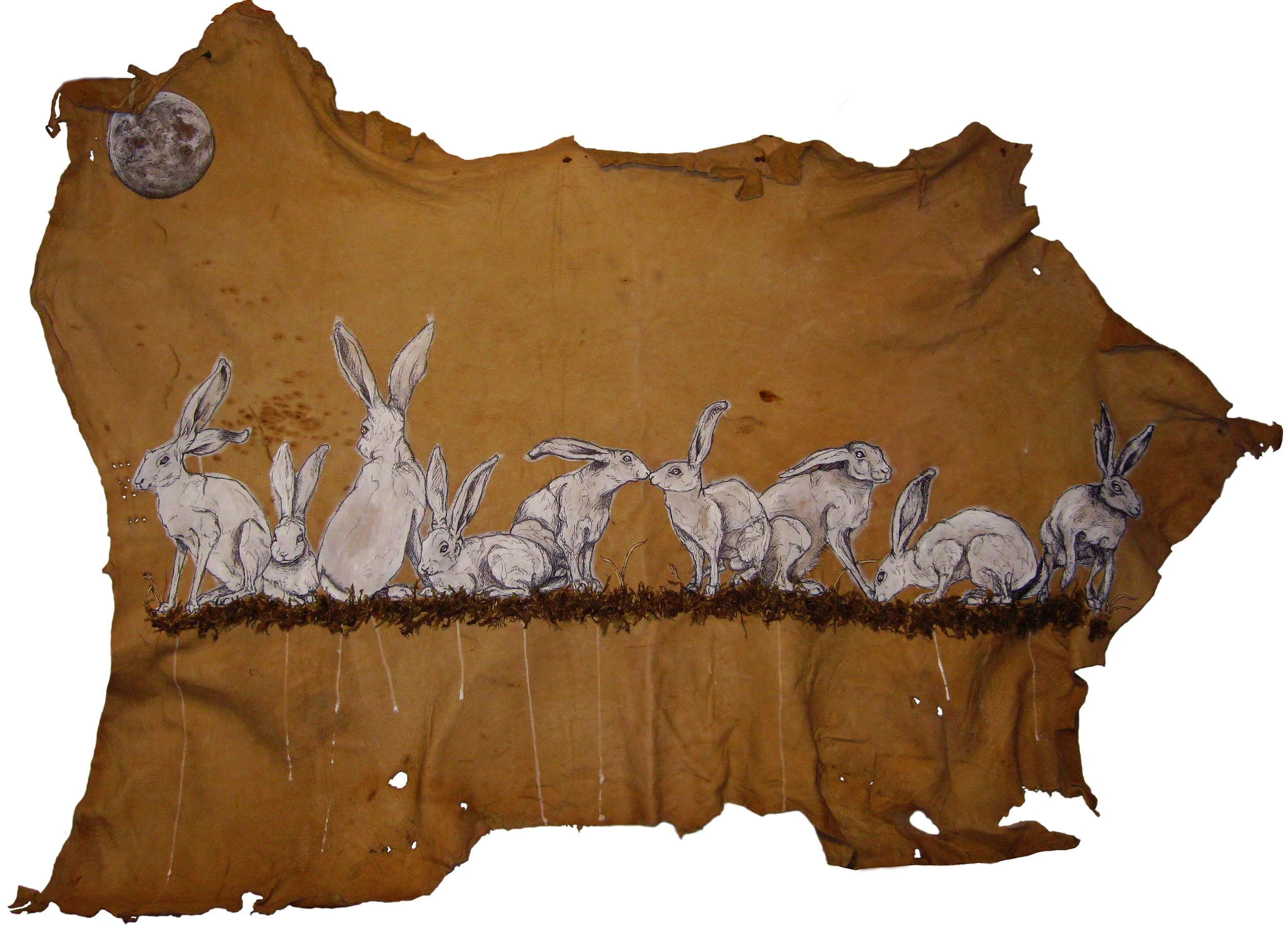 Untitled: acrylic, crackle paste, pen, and metallic pigment on leather ~ 41 X 53 inches