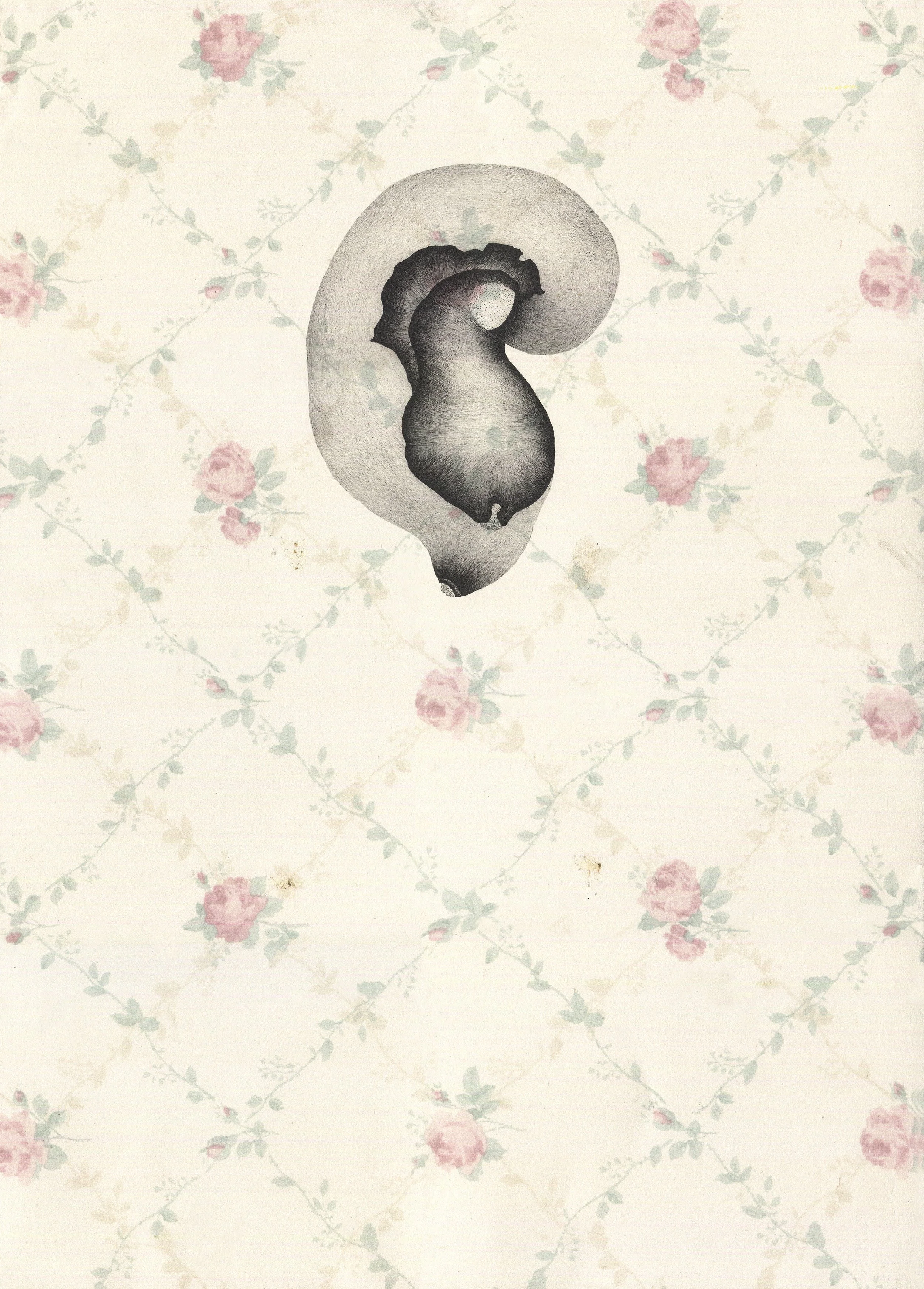 Rose: micron pen on found print, 28 X 20 inches