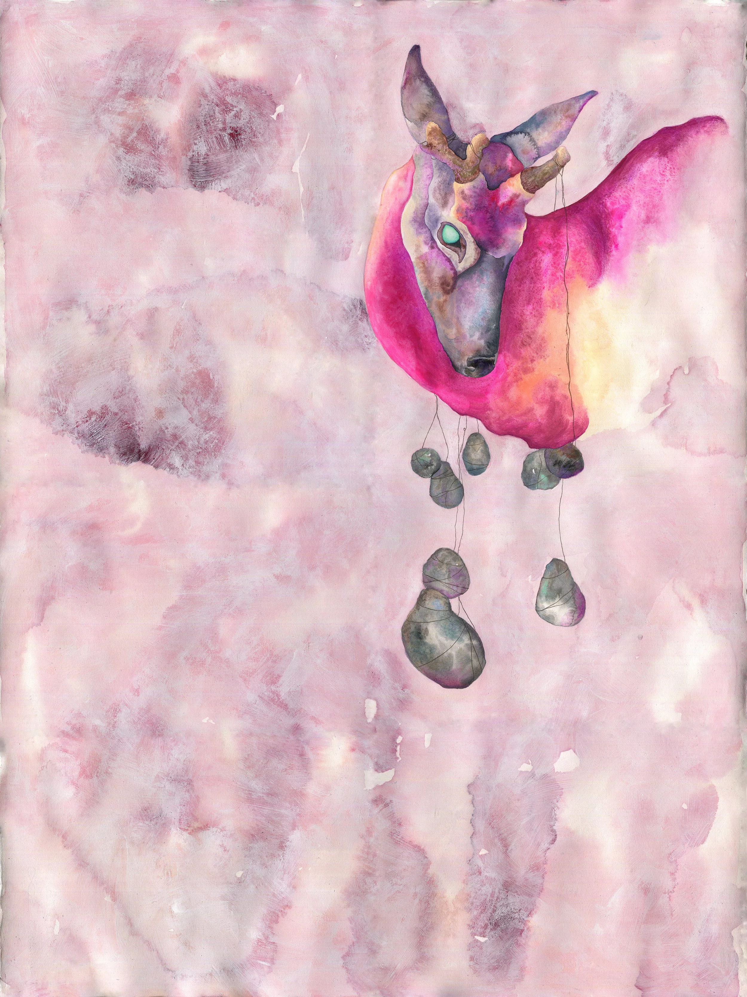 Coy Discipline: gouache, watercolor, beet juice, acrylic, and colored pencil, 30 X 22 inches, 2016