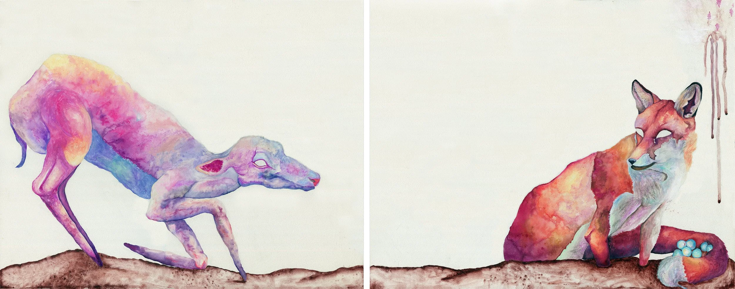 Allure of the Trickster: watercolor, gouache, metallic pigment, 16 X 40 inches, 2013