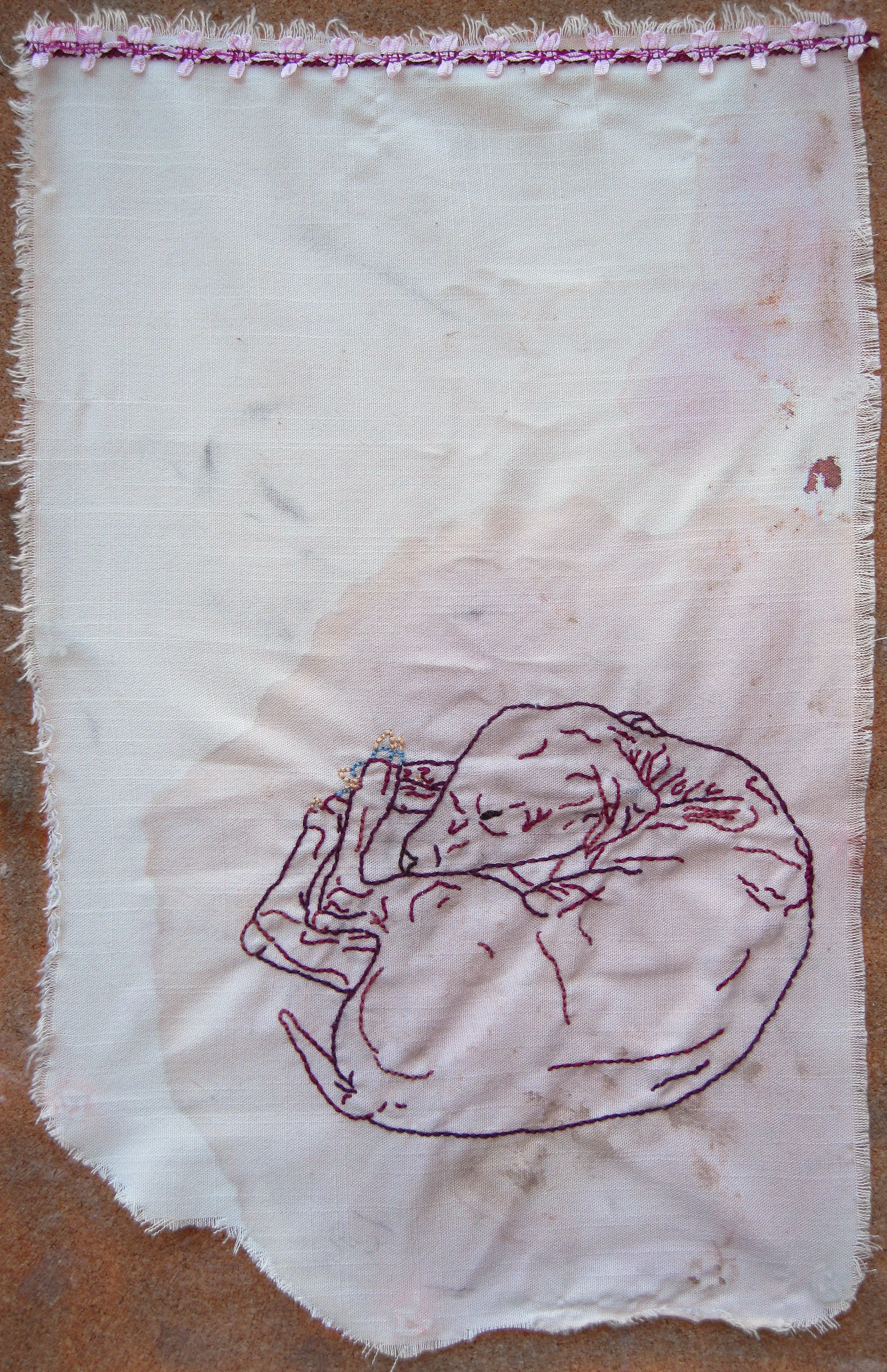 Too Warm, Too Soft: embroidery thread, linen, ribbon, pomegranate juice, blood, ~17 X 11 inches