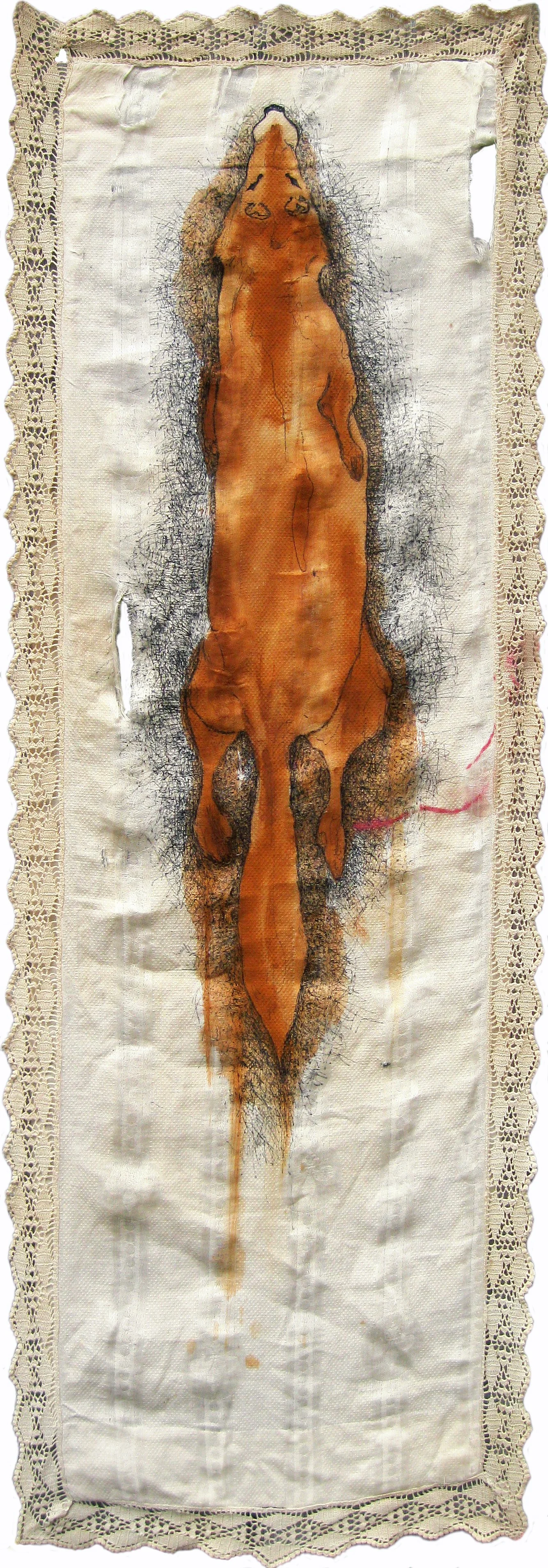 Center This Fright: acrylic and pen on raw linen, 41.5 X 14.5 inches