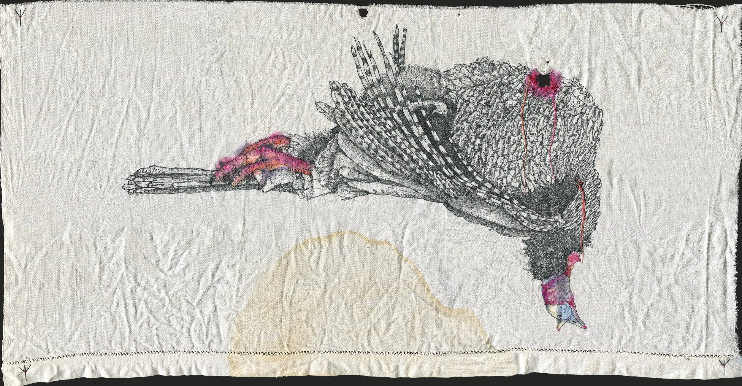 Patron Saint of Loss: pen, watercolor, gouache, glass beads, and thread on cotton, 18 X 35.5 inches