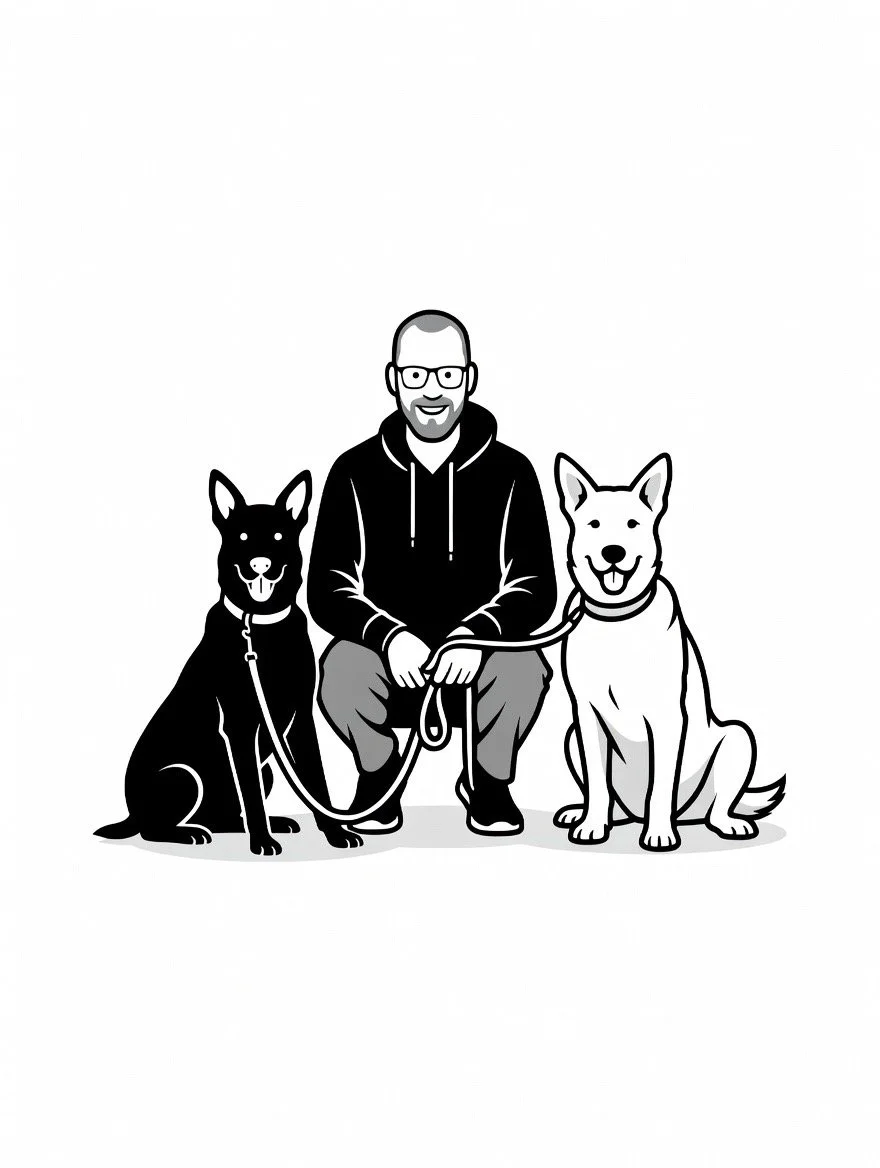 A cartoon illustration of a man with glasses kneeling between two dogs, one black and one light-colored, each on a leash.