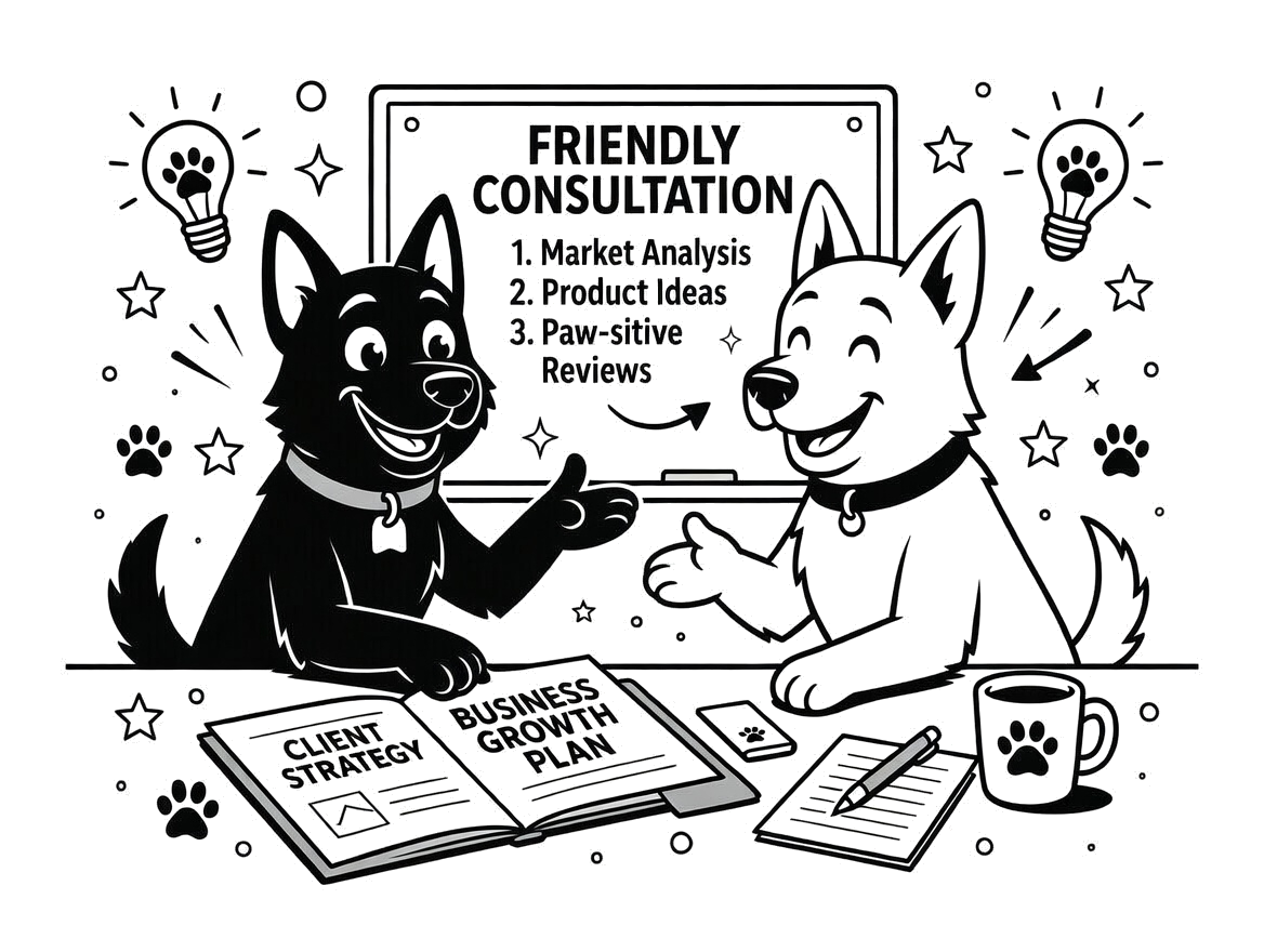 Two dogs having a friendly consultation at a desk with business plans and notes, surrounded by dog-themed decor and lightbulb graphics.