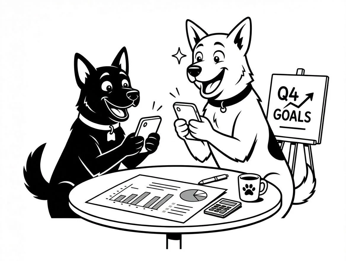 Two cartoon dogs sitting at a table, looking at their phones and smiling. The table has charts, a pen, a calculator, and a mug with a paw print. There is a sign in the background that reads 'Q4 Goals' with an upward arrow.