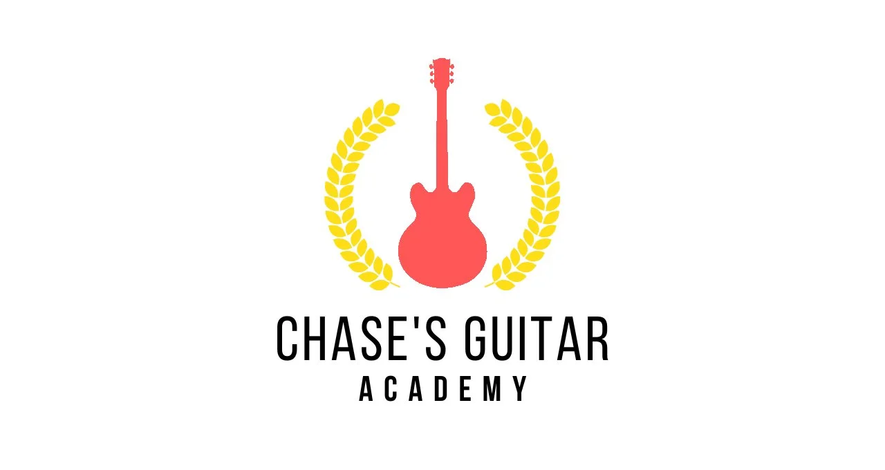 Logo of Chase's Guitar Academy featuring a red guitar flanked by two yellow laurel branches, with the text "CHASE'S GUITAR ACADEMY" beneath.