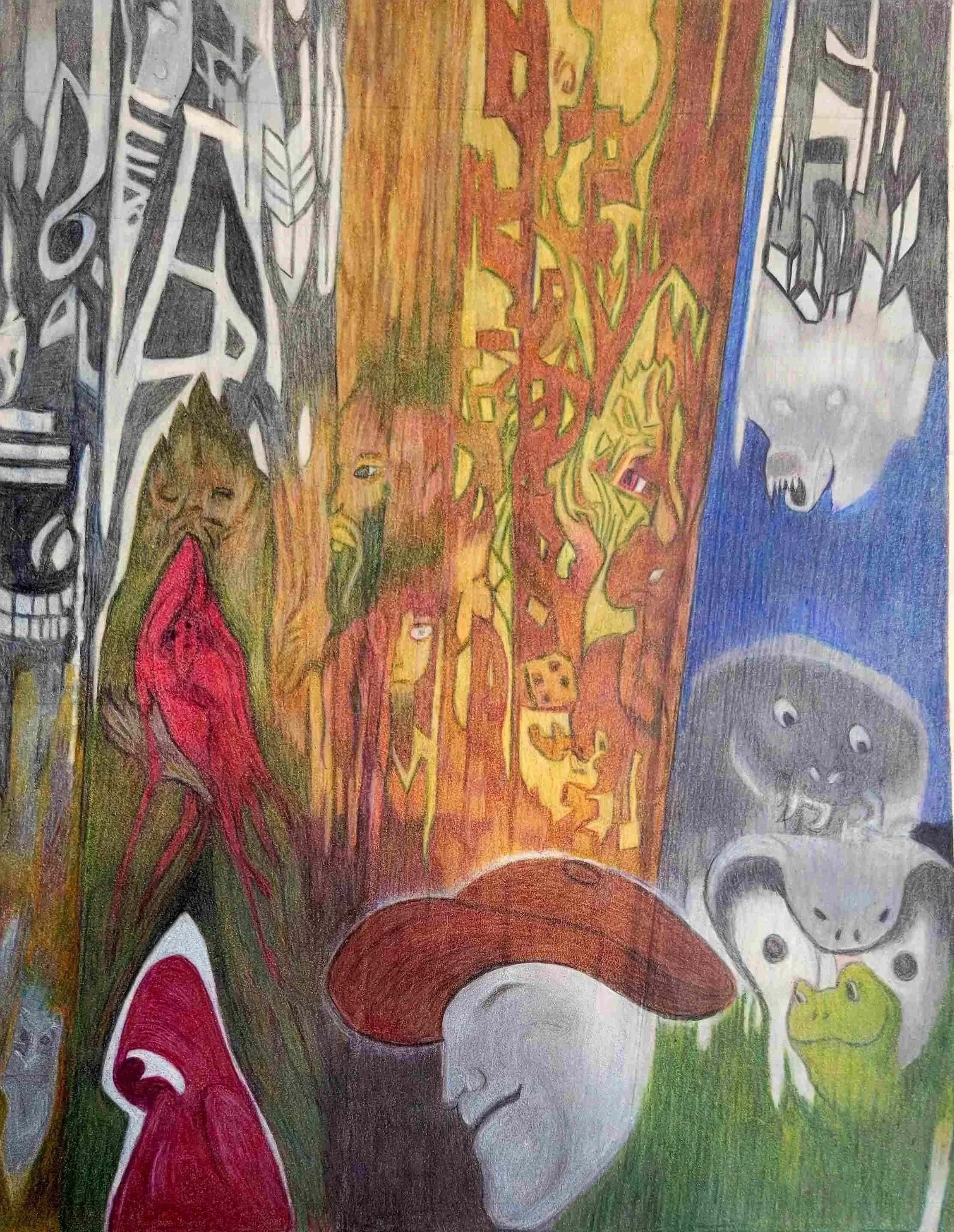 Colorful drawing featuring various cartoon-style characters and abstract shapes with vibrant colors like red, green, yellow, and blue.