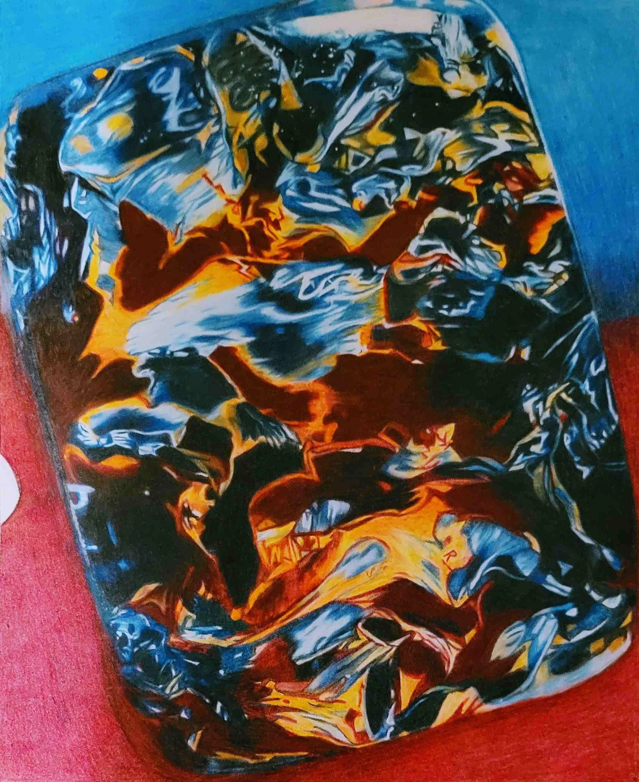 Colorful abstract dreamscape with swirls of blue, black, yellow, orange, and white on a red surface underneath.