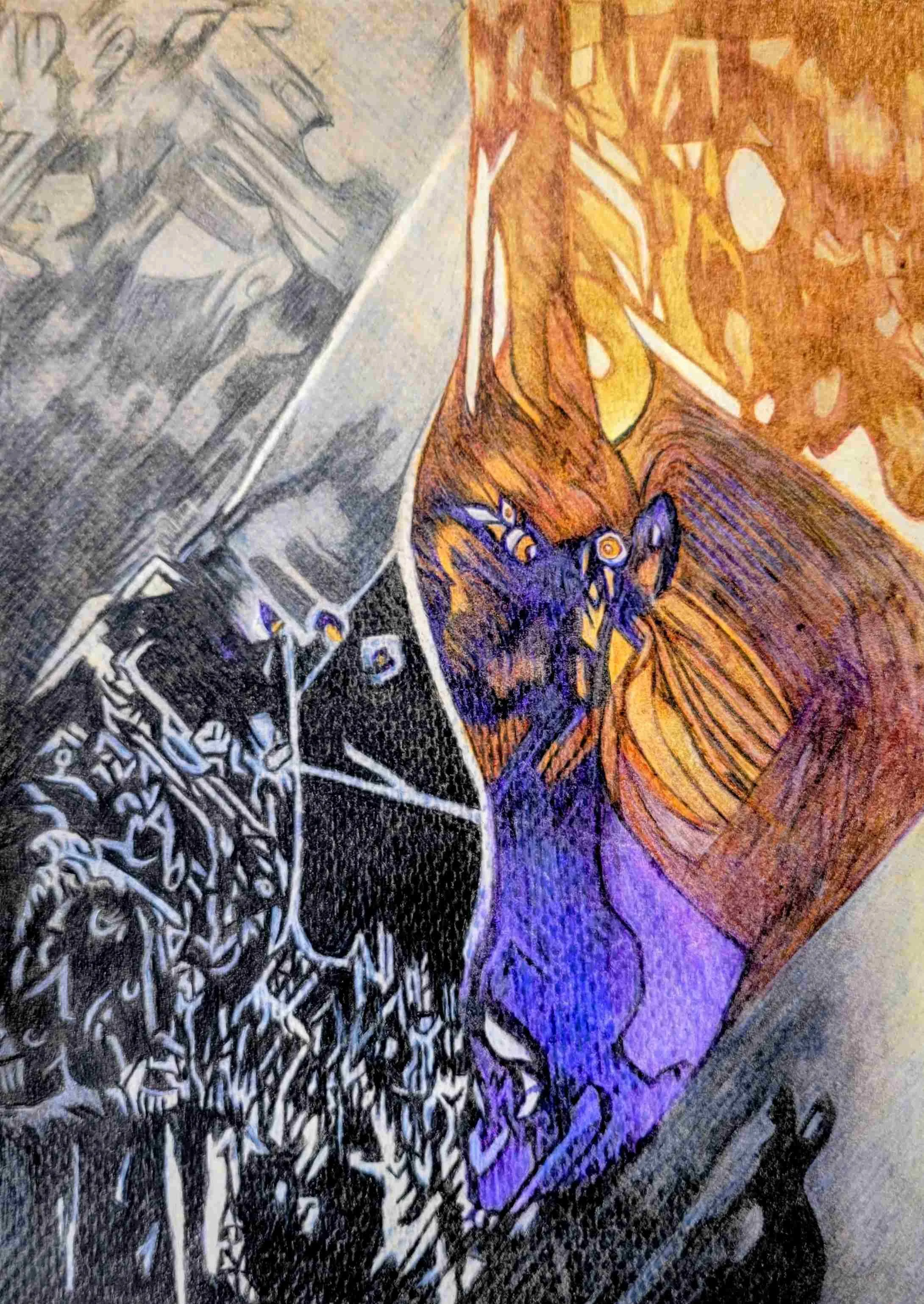 A close-up of a colorful drawing divided into sections. One section shows a black and white abstract pattern with intricate lines, while the adjacent section displays a dragon in warm orange, yellow and purple. The image is vibrant and artistic.