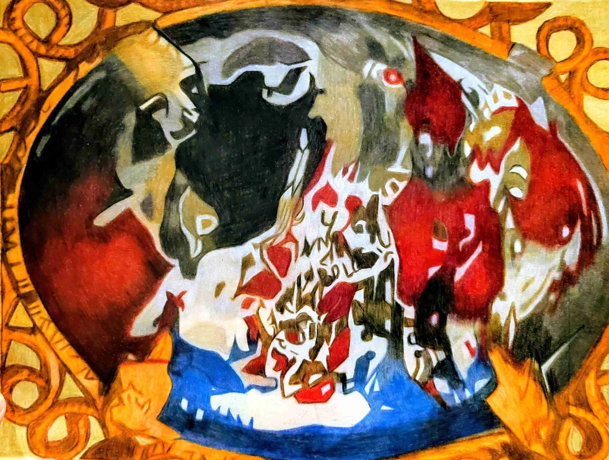 Close-up of a colorful abstract picture with swirling patterns and figures, including a head with dark hair, red and yellow accents, and various shapes and lines.