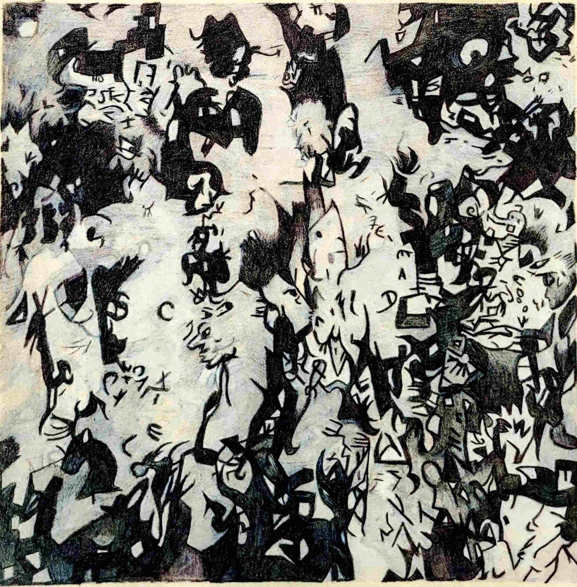 A black and white abstract drawing featuring swirling lines, stylized figures and faces, and scattered shapes and letters. It appears to depict a crowd or a chaotic scene with humanoid forms and expressive marks.