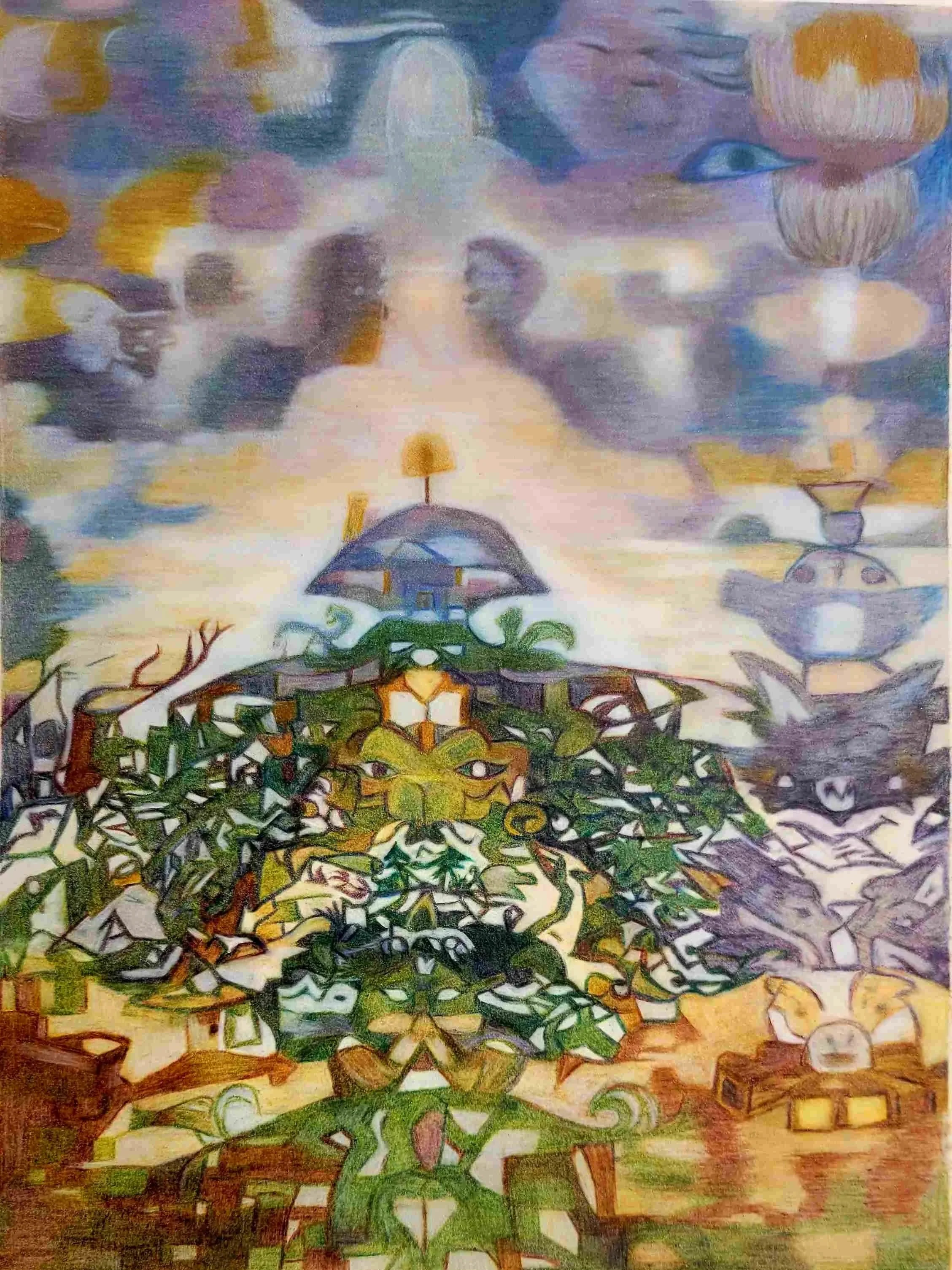 A colorful abstract painting with various shapes and patterns, featuring a central green tree-like figure and surrounding sketched elements in earthy tones.