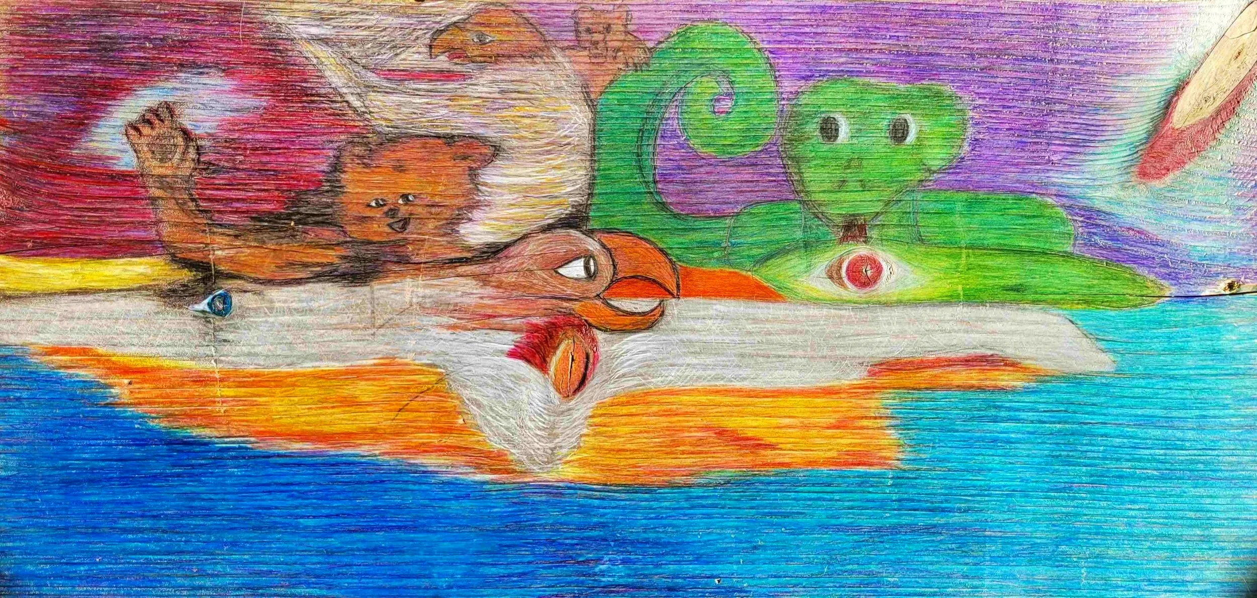 Colorful drawing of a bear, an eagle, hawk, a green snake, and a red haired angel with outstretched wings with 2 eyes in a vibrant water like landscape with a magenta canoe in the top right corner.