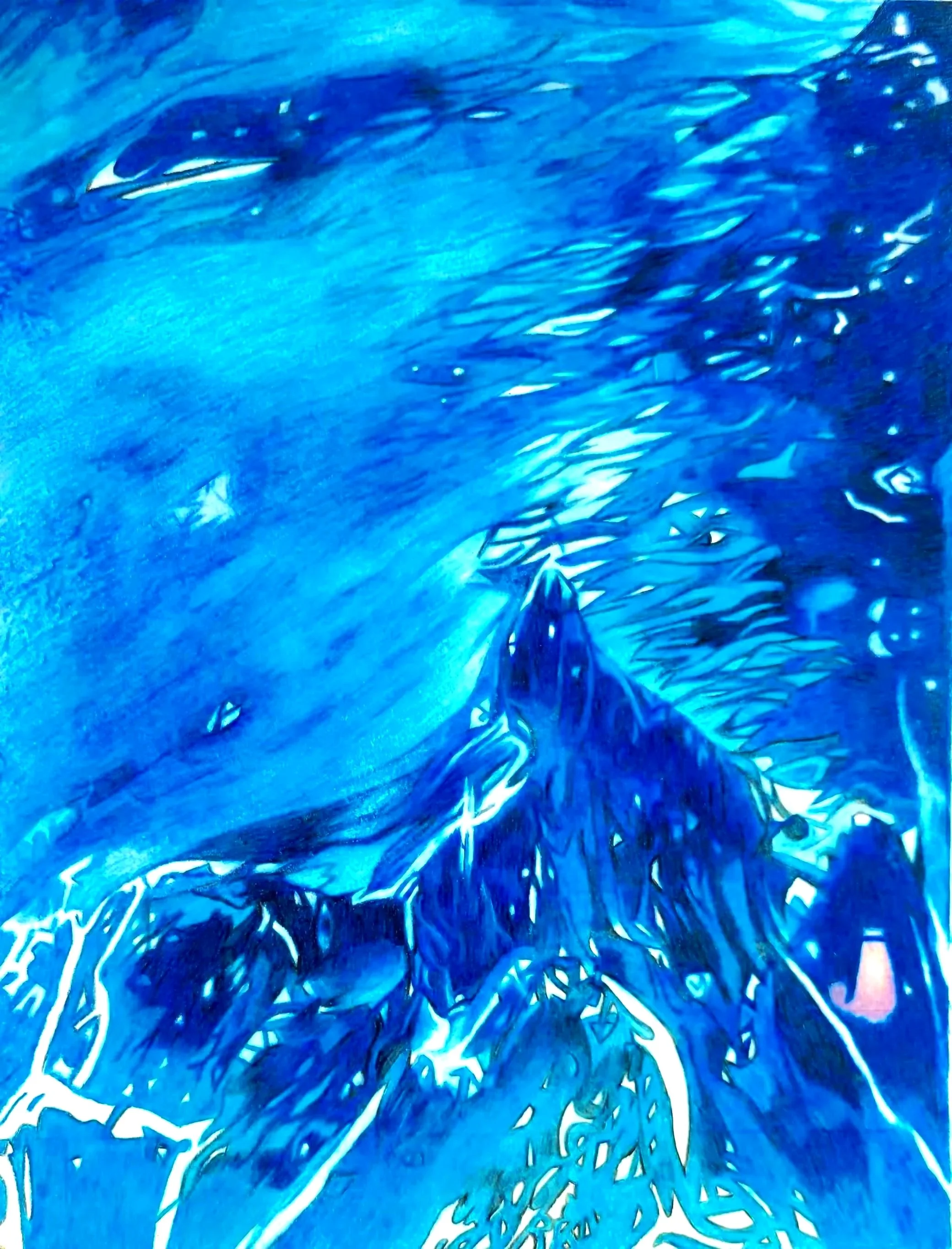 Close-up of a blue and white abstract artwork with swirling patterns and sharp, jagged edges. Red- green Colorblind. Protanopia Collection and Deuteranopia Collection