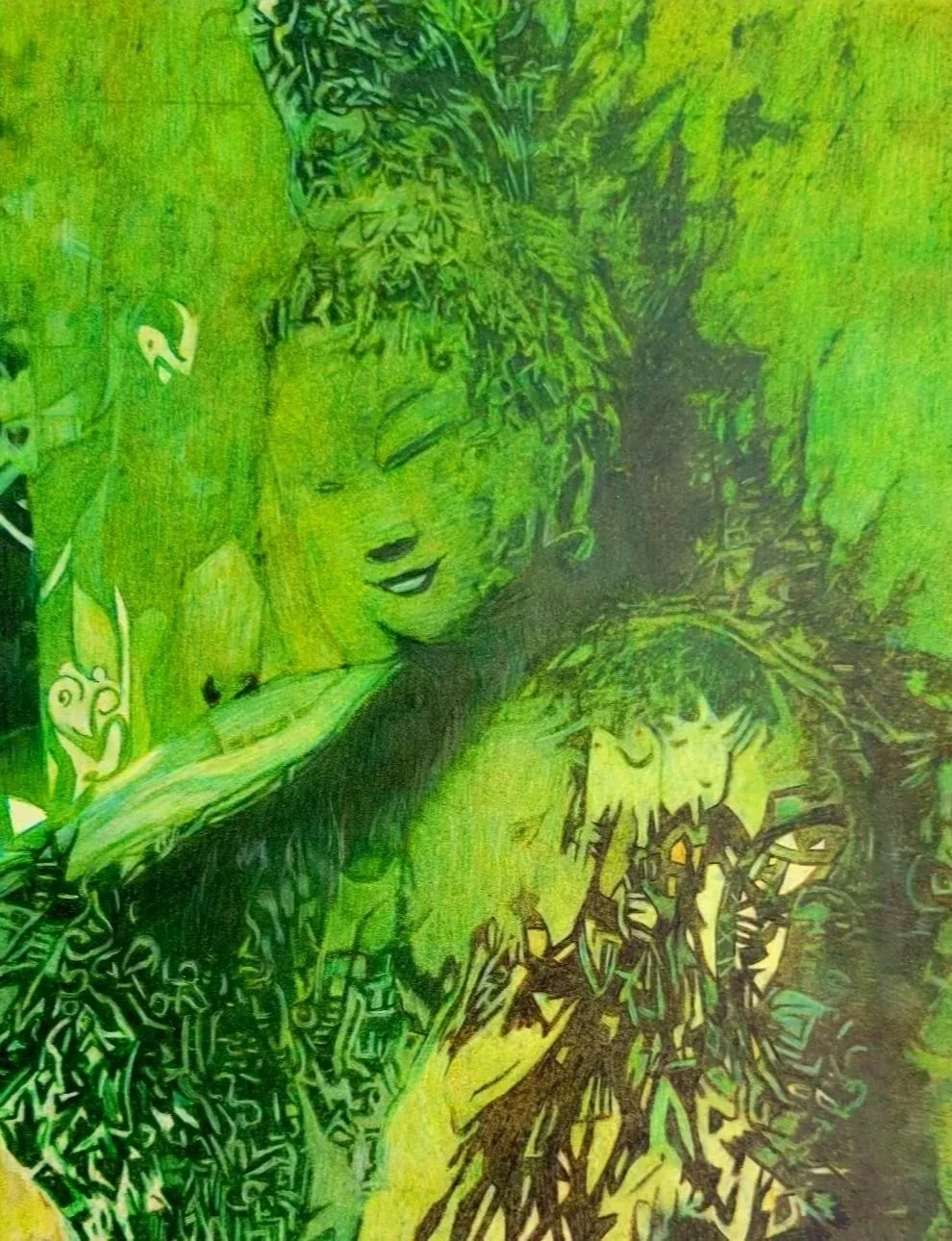 A colorful art piece depicting a peaceful  Buddha with closed eyes, light-colored hair, and surrounded by abstract designs and animals, with a vibrant green background.