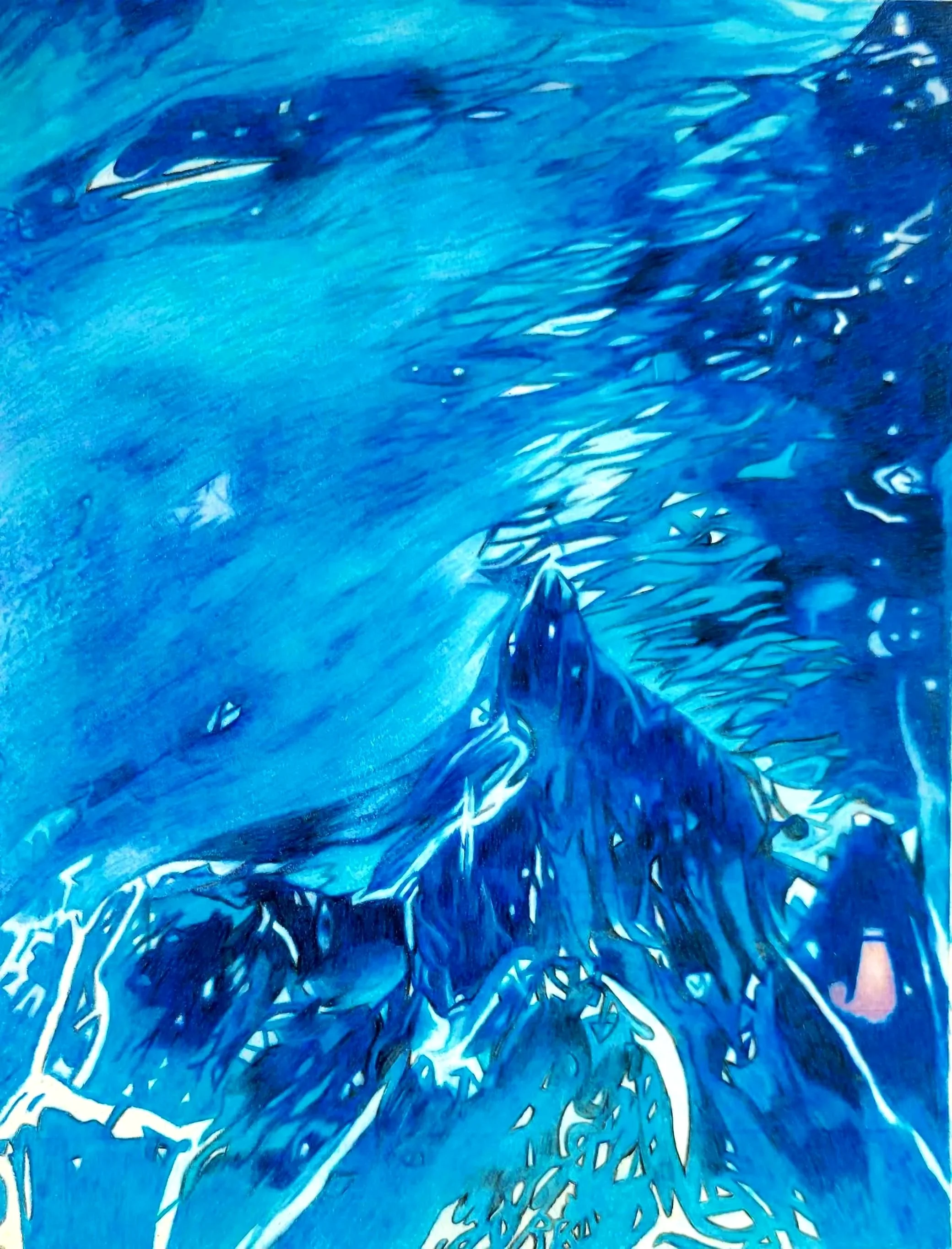 An abstract image with blue and white swirling patterns resembling ice water.