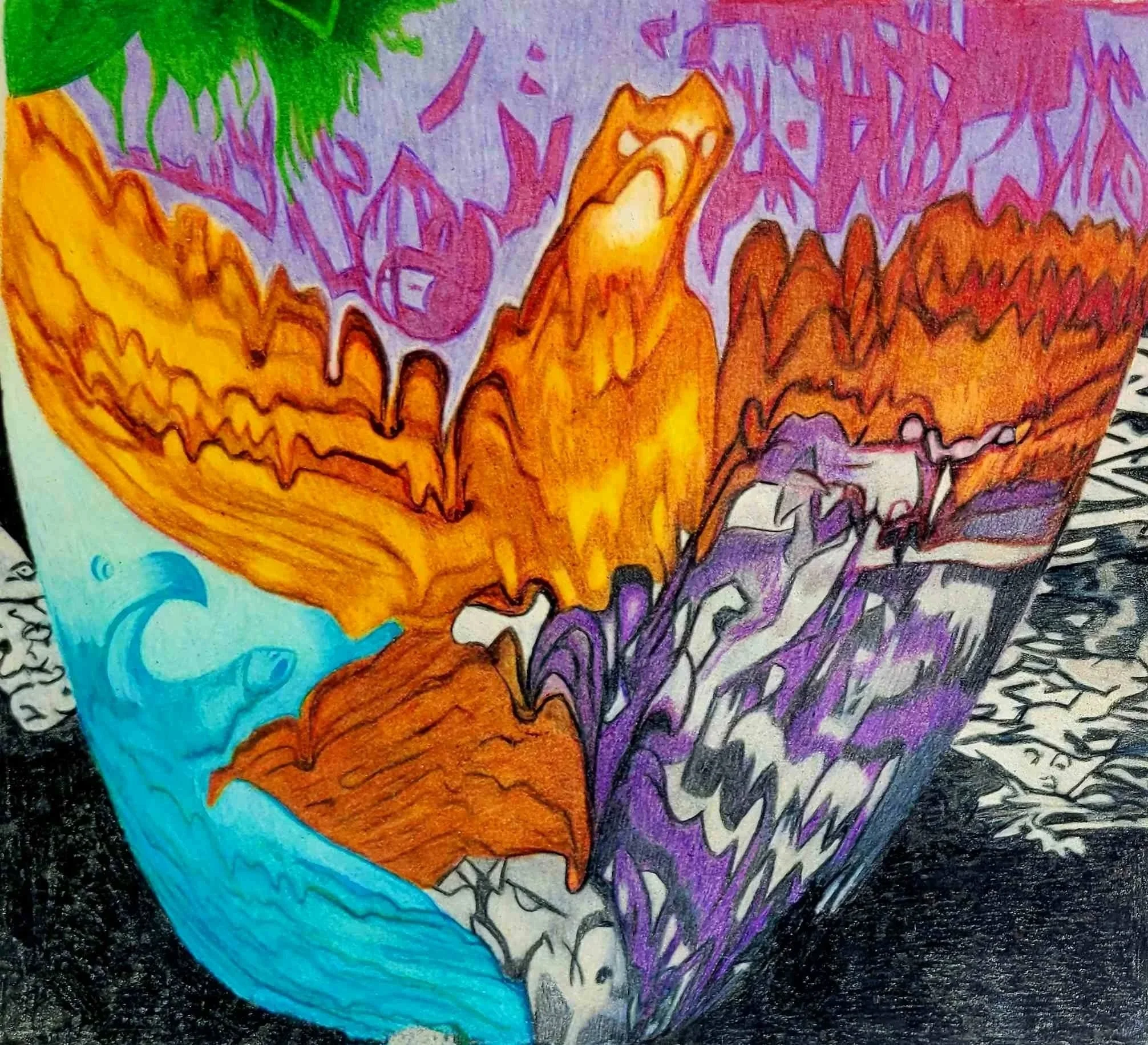 Colorful drawing of a phoenix with vibrant orange, purple, and blue hues, surrounded by abstract patterns and scribbles.