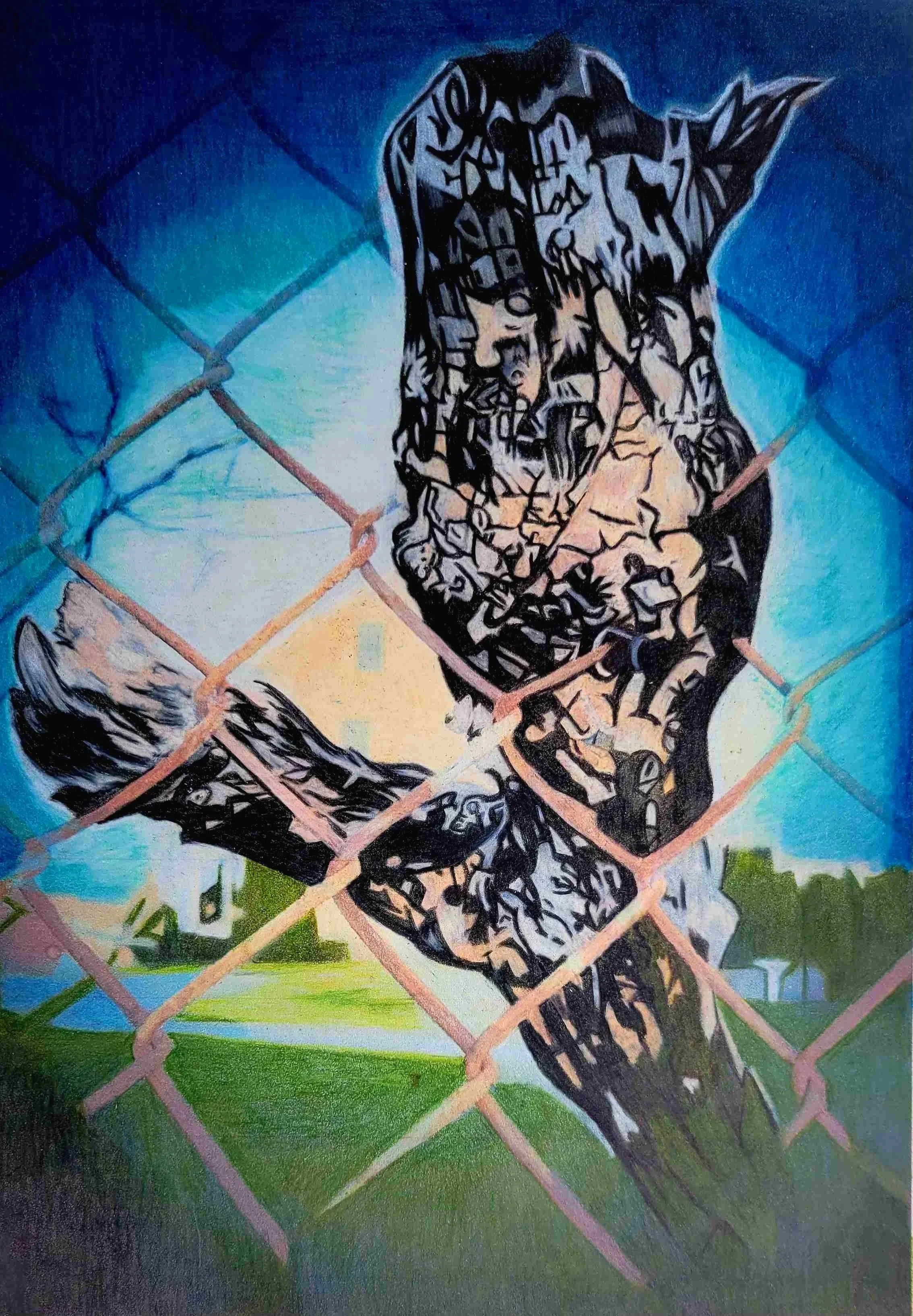 Street art mural of a bearded man with a serious expression, behind a chain-link fence.