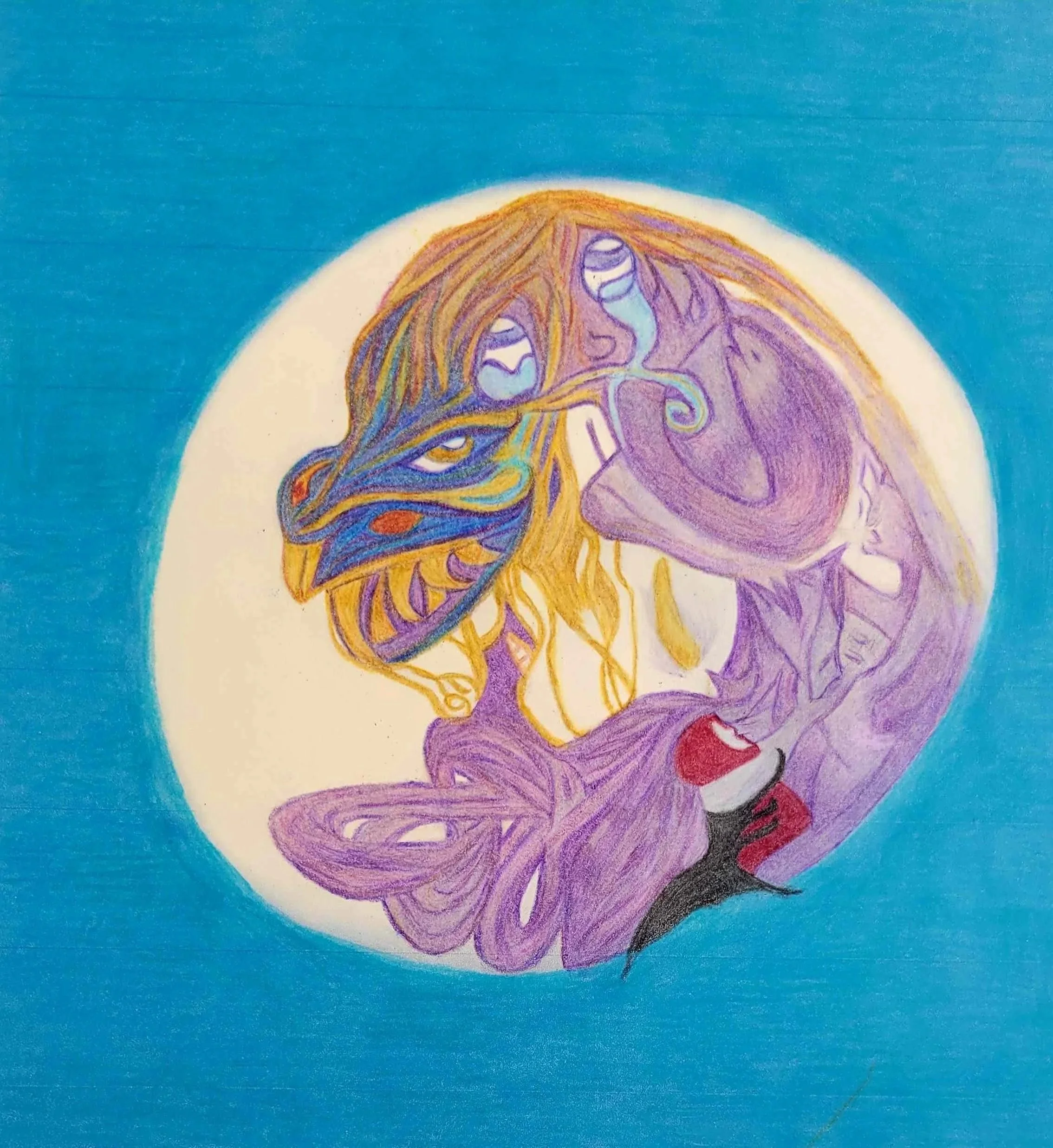 Colorful drawing of a purple dragon and a terrified blonde headed girl crying on a blue background.