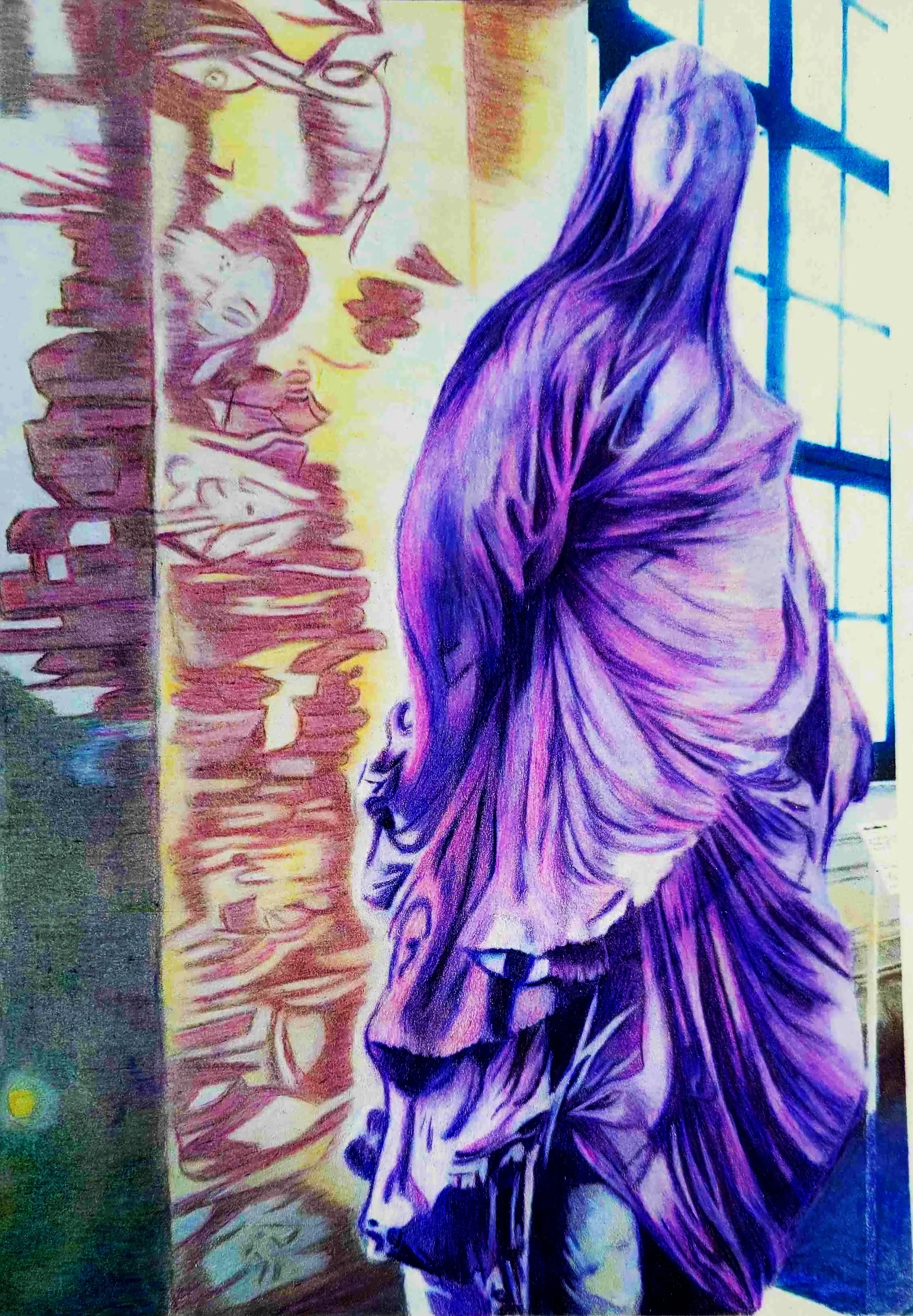 Colorful oil pencil featuring a purple cloaked woman, standing near a window with blue framing. To the left, there are two separate landscapes. Red- green Colorblind. Protanopia Collection and Deuteranopia Collection