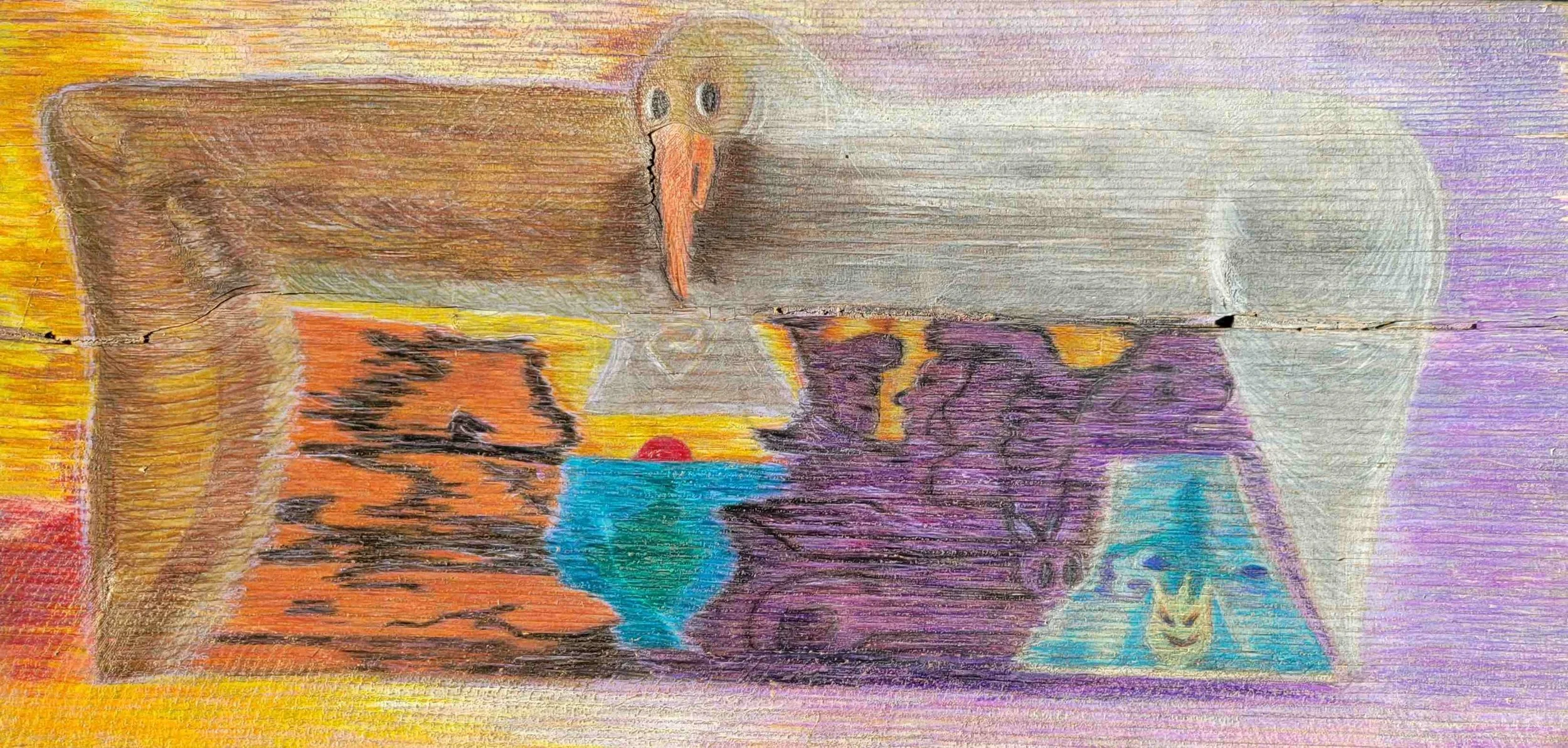 A colorful drawing of two toned, orange beaked hawk with wings outstretched, surrounded by abstract shapes and vibrant colors including yellow, orange, purple, blue, and green.