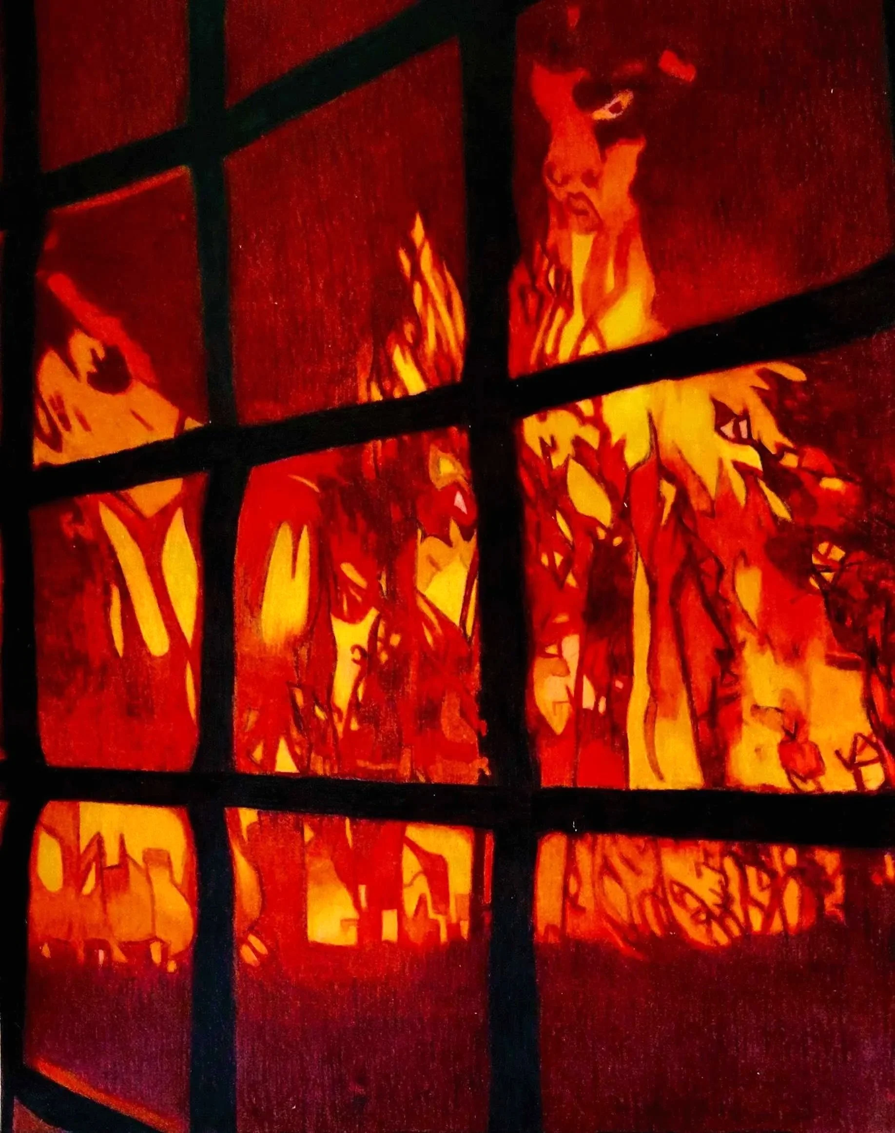A glowing orange and yellow poster behind a black metal grate, featuring an artistic depiction of a woman with long hair and intense expression, with flames around her.