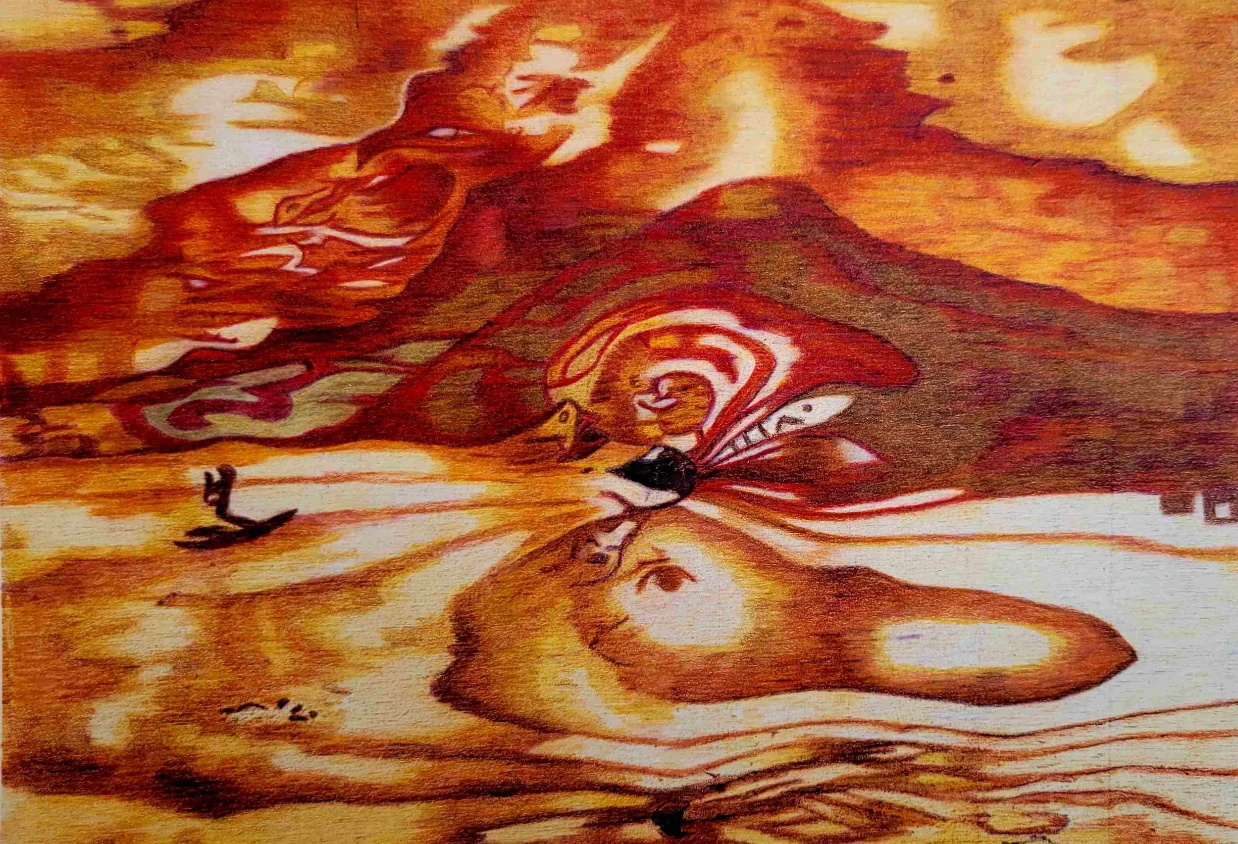 An oil pencil drawing of a volcanic eruption with a fiery sky, billowing smoke, and lava flowing down the mountain, rendered in warm reddish and orange hues with bird imagery throughout such as a vulture and platypus.