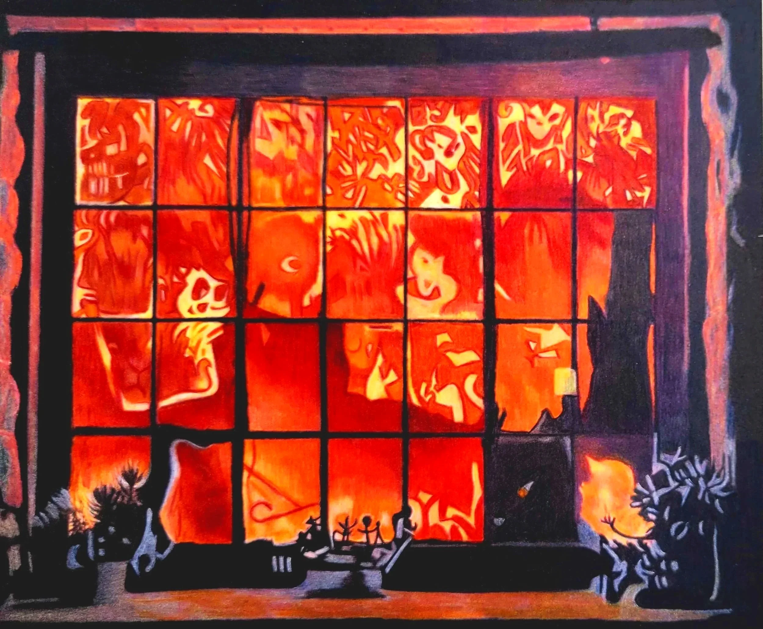 A stained glass window with flames, eyes, and fire motifs, surrounded by black framing and a decorative border at the bottom.