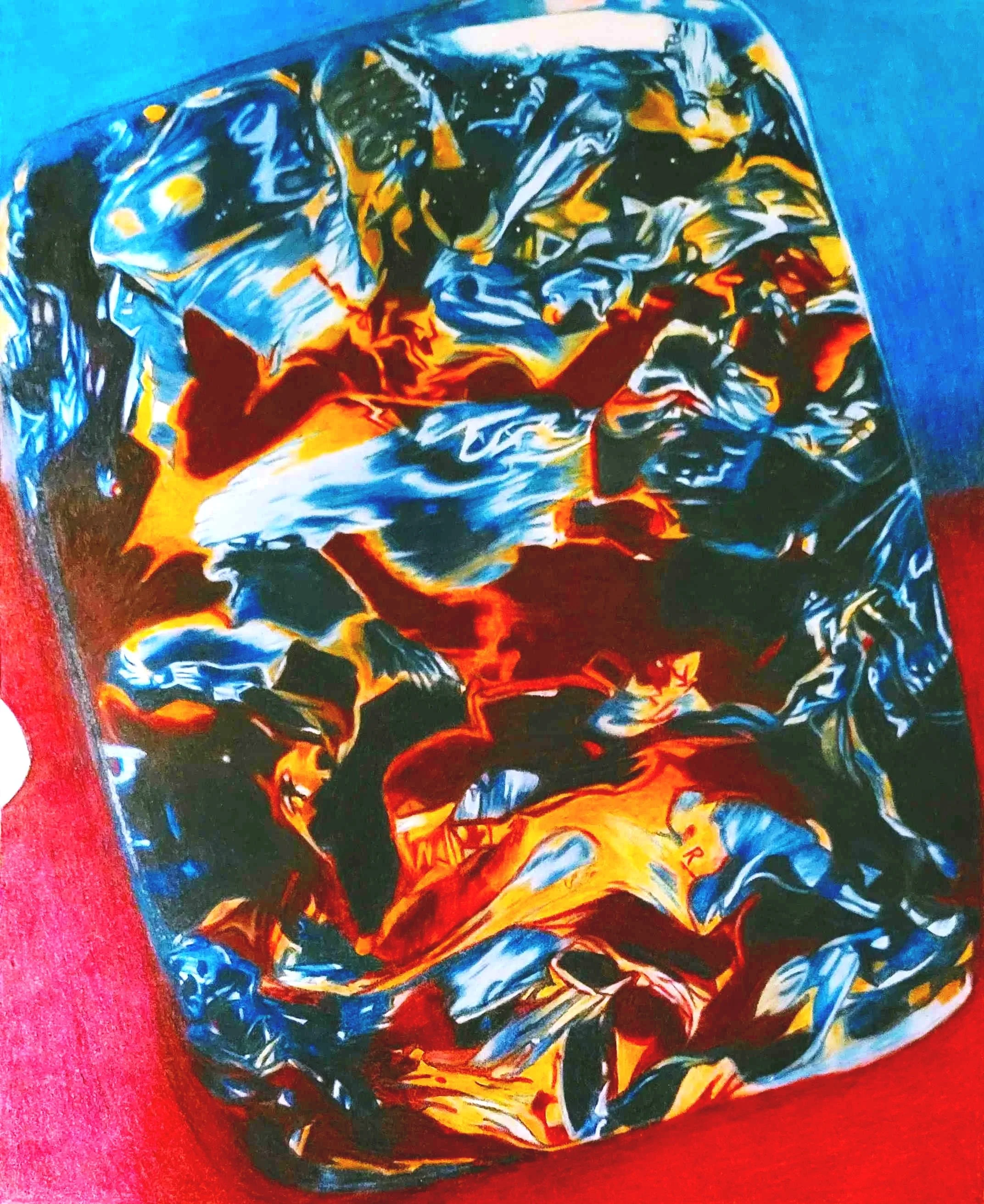 Colorful abstract painting with flowing shapes and bright colors, including blues, reds, yellows, and blacks, resembling a dynamic composition.