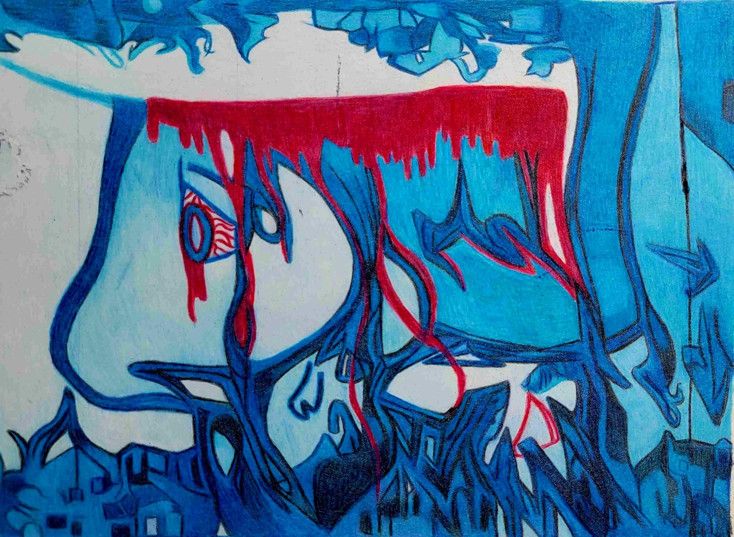 An abstract drawing with intricate, overlapping blue and red lines forming a complex pattern.